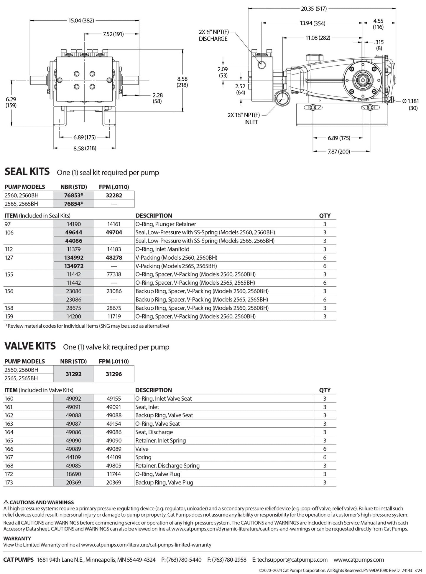 2560 CAT Triplex Positive Displacement Plunger Pump 3000 PSI , 16 GPM , 25 - Frame , Flange - Mount , Reciprocating , Block - Style Brass , Standard NBR (Buna - N) Seals & O - rings - Hydrocomponents & Technologies Inc.