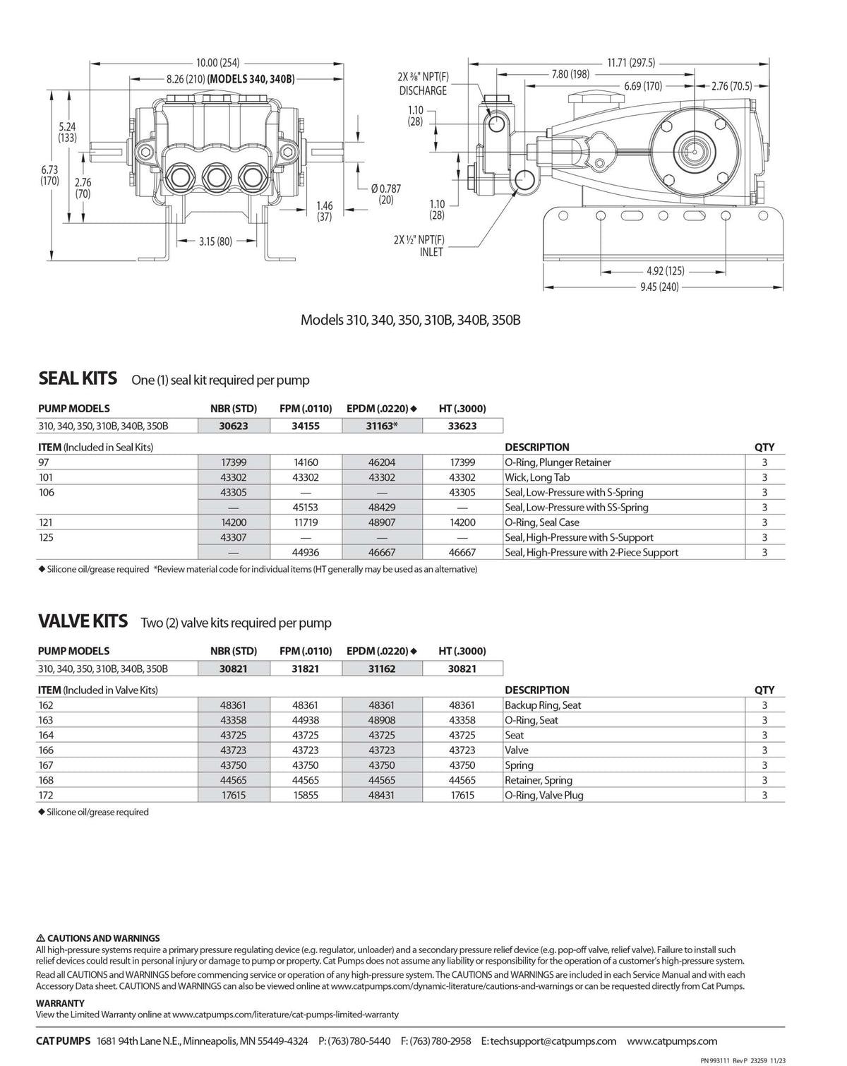 340 CAT Pump 4 GPM / 15.1 LPM , 1800 PSI , 1/2" NPT(F) Inlet Port Size , 3/8" NPT(F) Discharge Port Size , 1725 RPM Belt, Clutch, Flexible Coupling and Bellhousing Drive Type(s) , Brass 5 Frame Plunger Pump - Hydrocomponents & Technologies Inc.