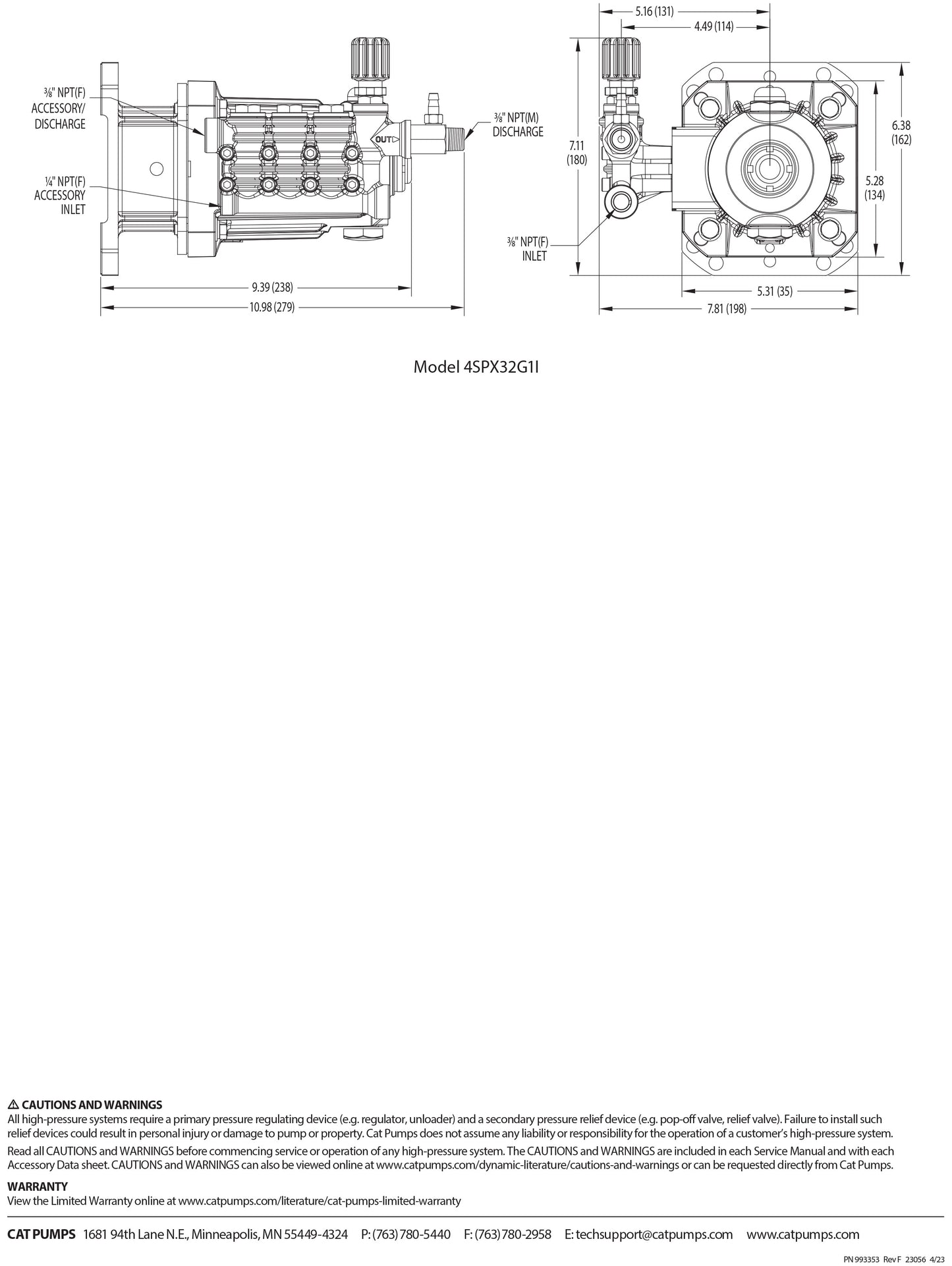 4SPX32G1I Cat Pressure Washer Triplex Positive Displacement Plunger Pump 3.2 GPM 3000 PSI , Fits a Standard 1-inch crankshaft , Mounts to a Standard SAE J609 Gas Engine Flange , Brass Block