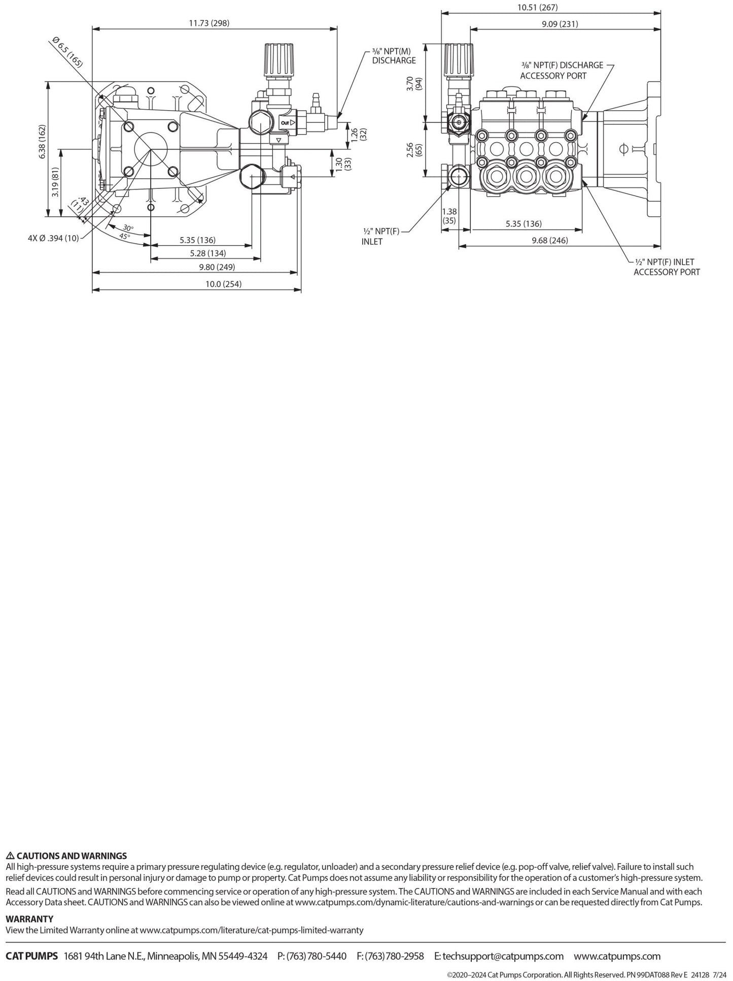 66DX50G1I Cat Pressure Washer Triplex Positive Displacement Pump 5GPM 3500PSI , Slides onto a 1 - inch Crankshaft Standard , SAE J609 Gas Flange , Forged Brass Block - Hydrocomponents & Technologies Inc.