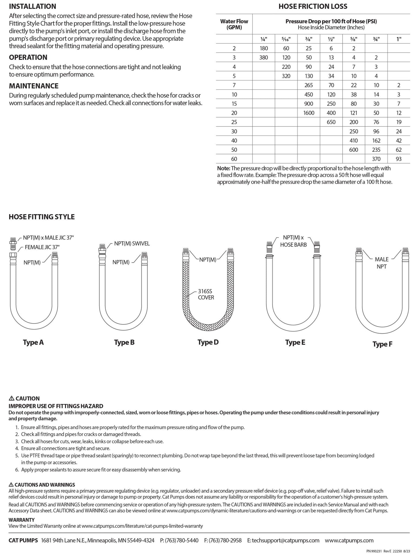 990849 CAT Pumps Hose , 6' feet Length , 1/2 inch ID / Nominal Diameter , 200 LOP / 200 PSI , 316 Stainless Steel , B Configuration / Style , 1" NPT Fittings - Hydrocomponents & Technologies Inc.