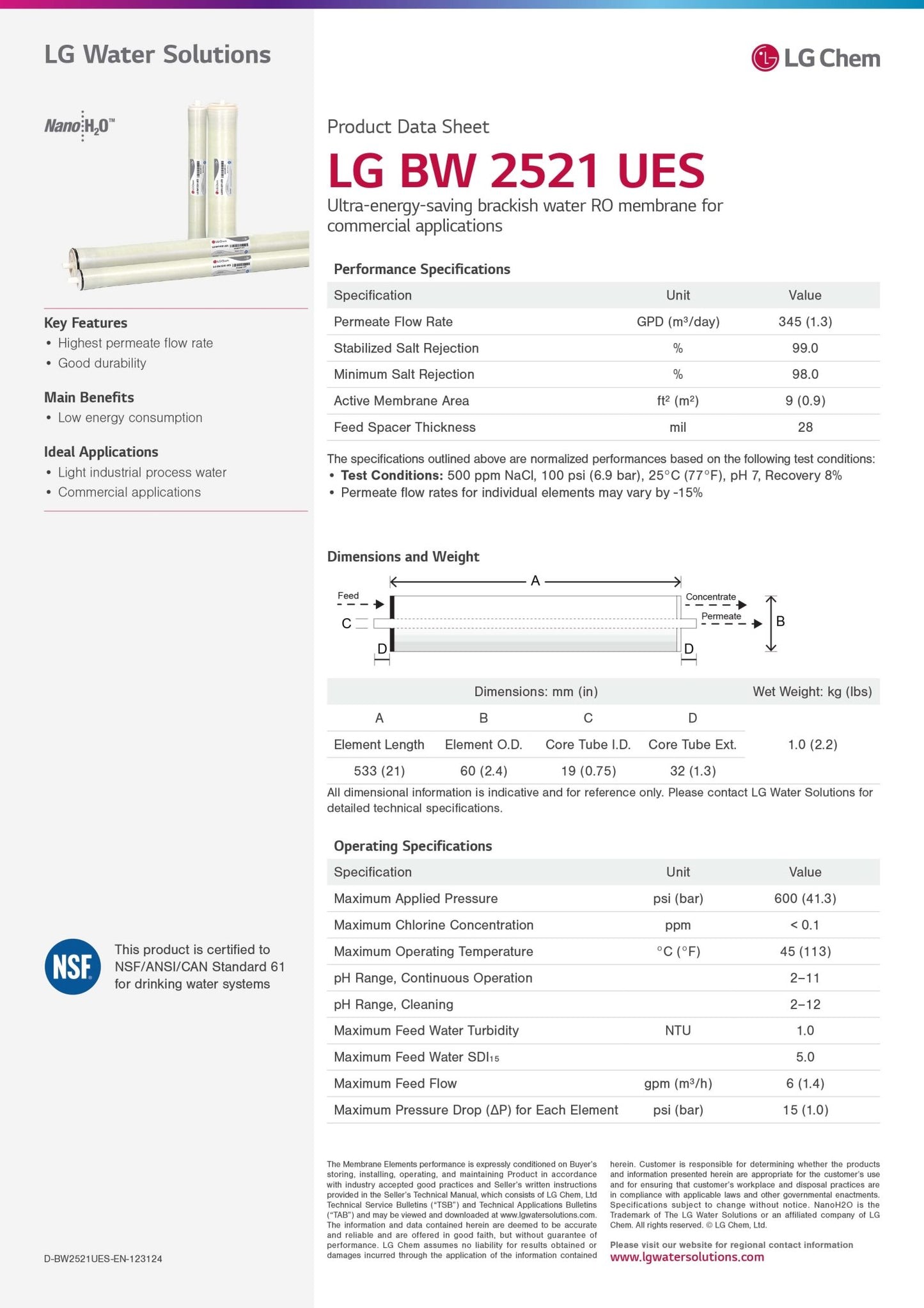 LG BW 2521 UES LG Chem Water Solutions Membranes - Hydrocomponents & Technologies Inc.