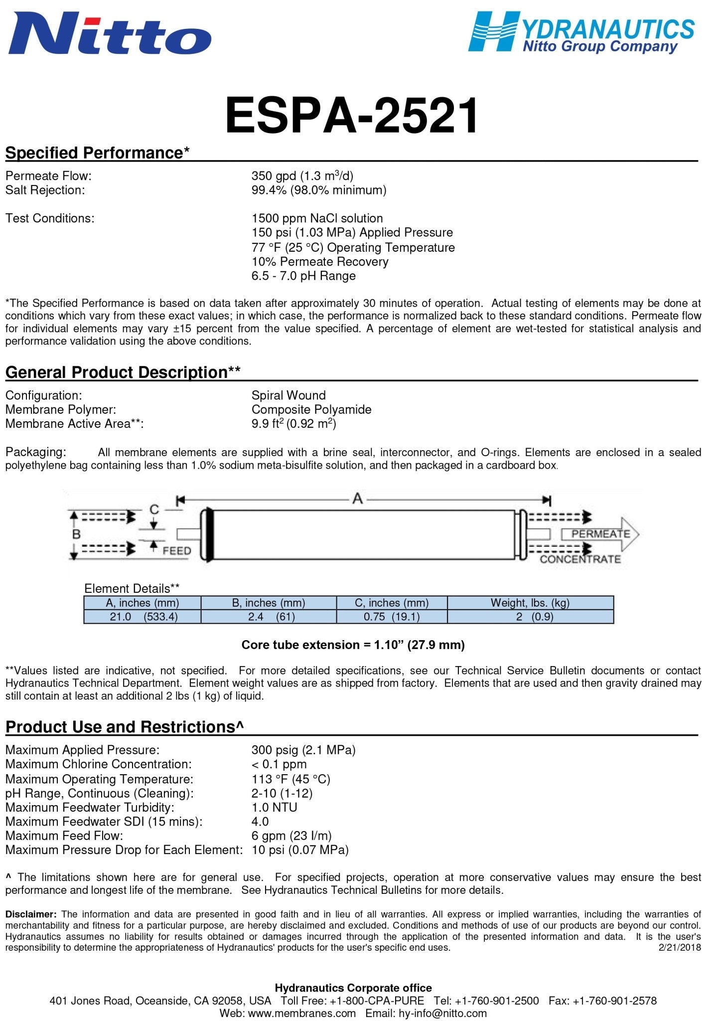 ESPA - 2521 Hydranautics Nitto Membranes - Hydrocomponents & Technologies Inc.
