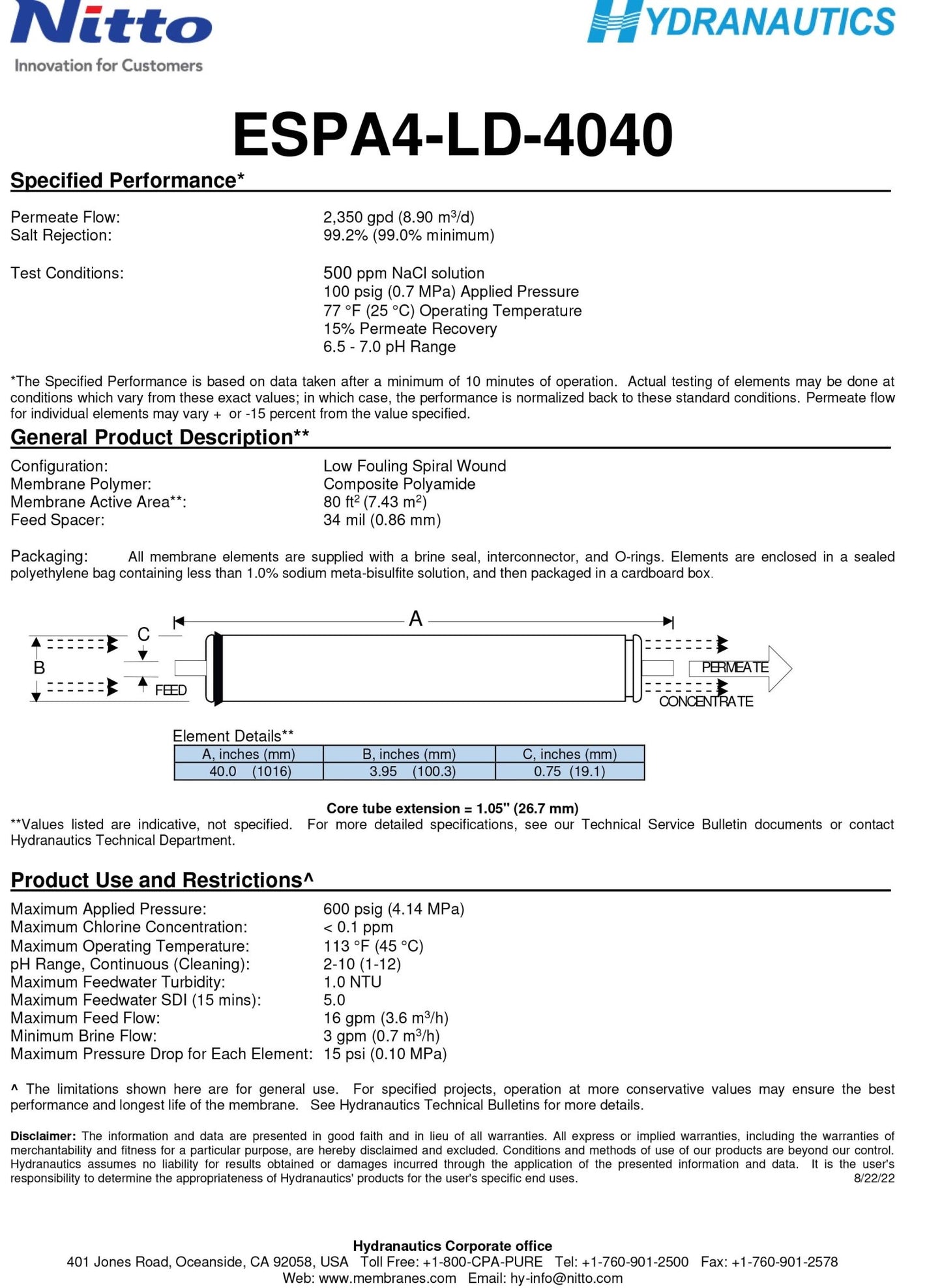 ESPA4 - LD - 4040 Hydranautics Nitto 2,350 GPD at 100 PSI 4 x 40 inch Membranes - Hydrocomponents & Technologies Inc.