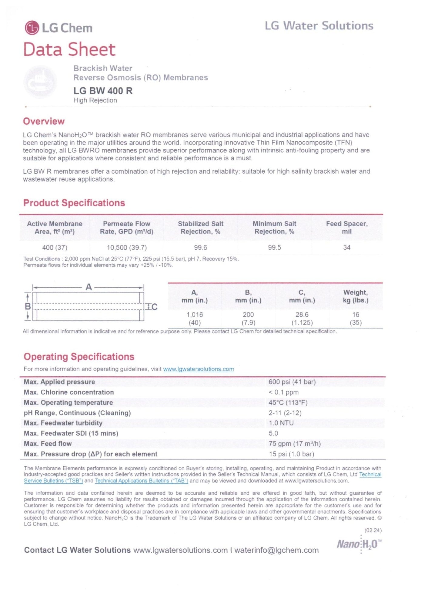 LG BW 400 R 10,500 GPD at 225 PSI 8 x 40 inch LG Chem High Rejection Brackish Water Membranes - Hydrocomponents & Technologies Inc.