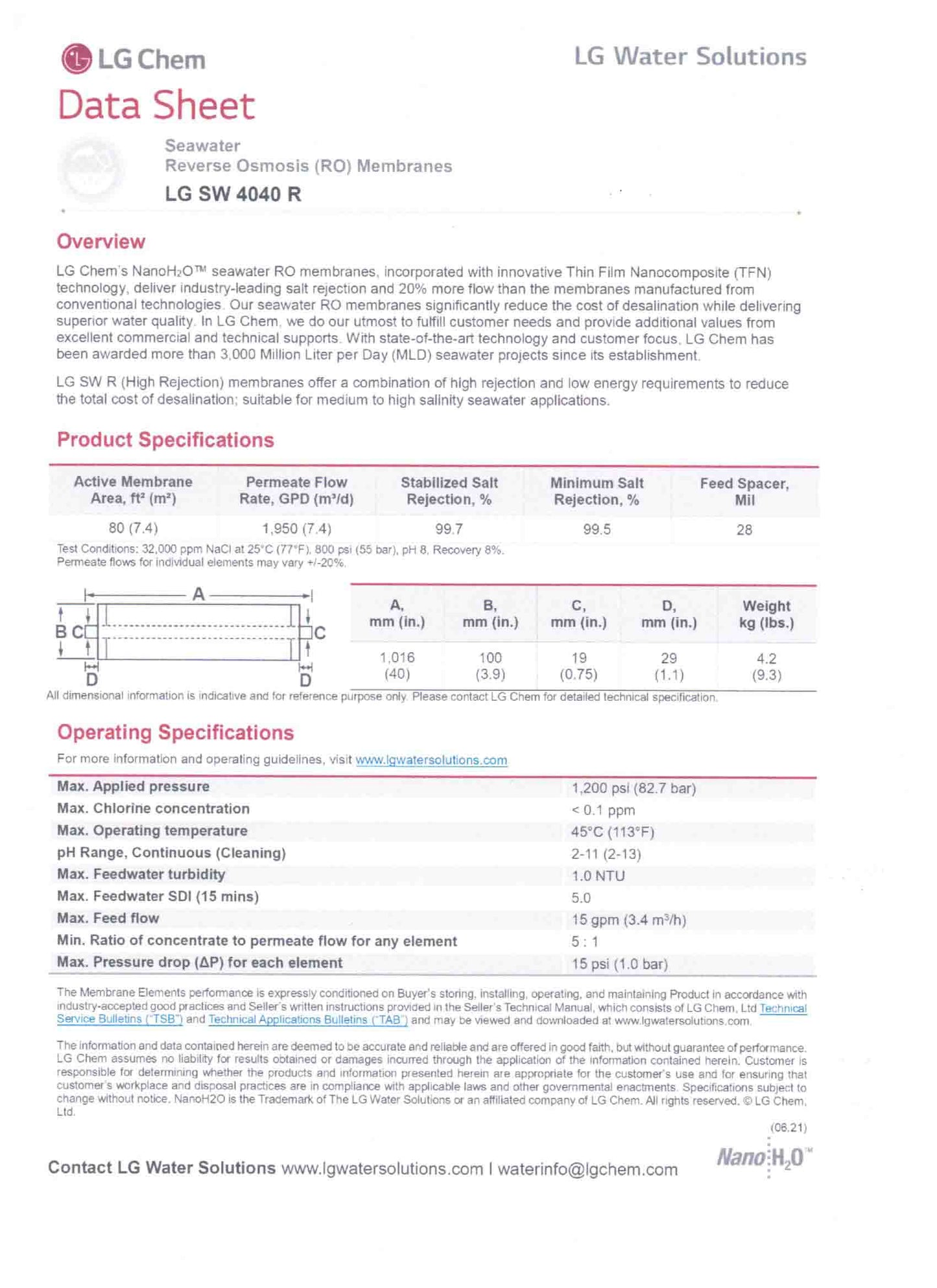 LG SW 4040 R 1,950 GPD at 800 PSI 4 x 40 inch Desalination Machine Watermaker Seawater High Rejection LG Chem Water Solutions Membranes - Hydrocomponents & Technologies Inc.