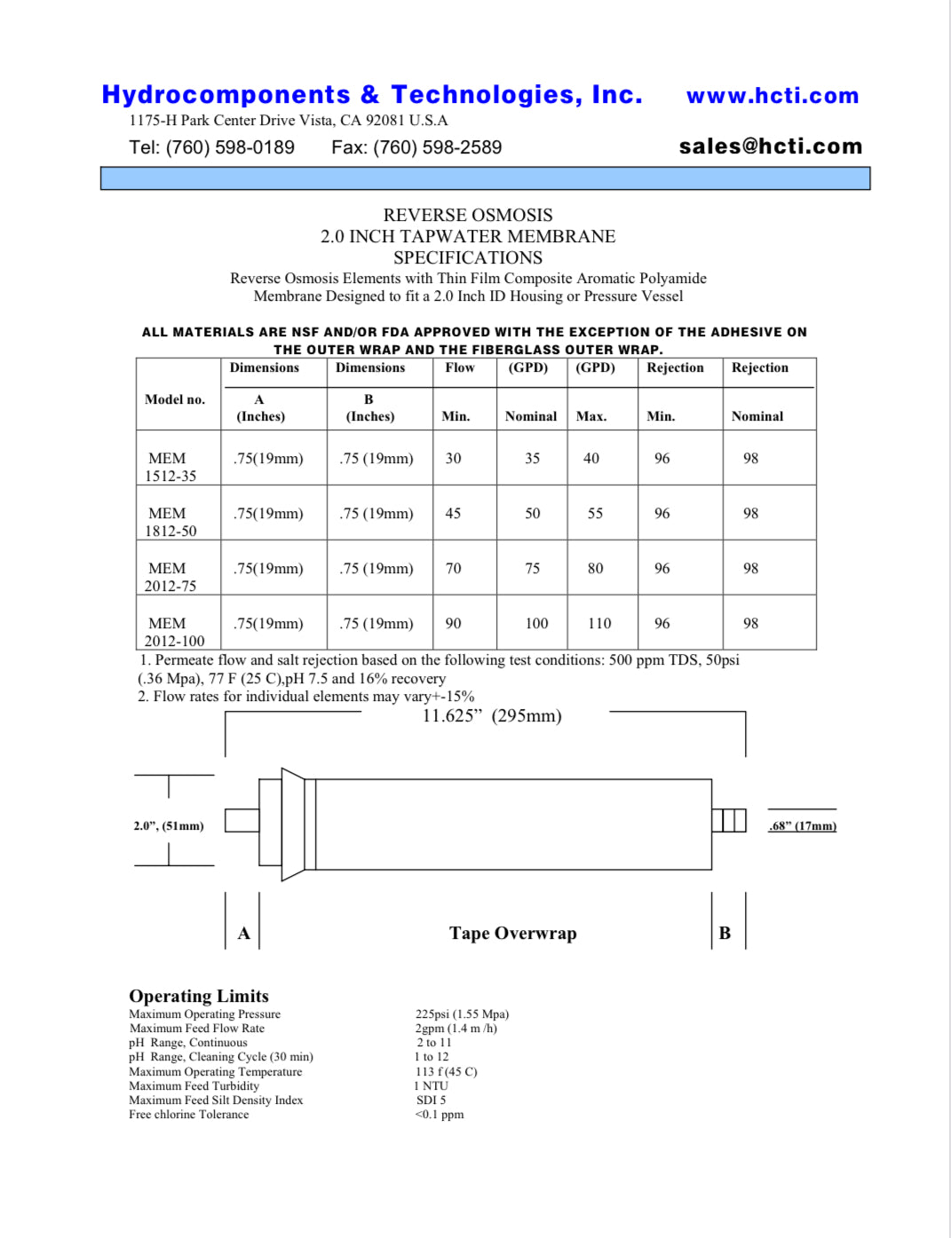 Replaces TW30 - 1812 - 100HR FilmTec DOW / DuPont Membranes (MEM - 2012 - 100) - Hydrocomponents & Technologies Inc.