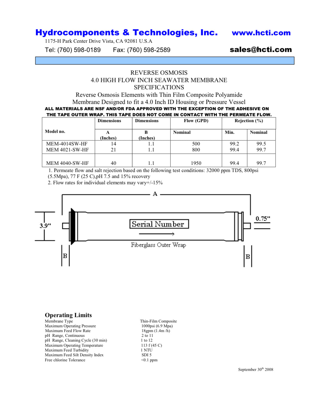 Replaces SW30 - 4014 FilmTec DOW / DuPont Membranes (MEM - 4014SW - HF) - Hydrocomponents & Technologies Inc.