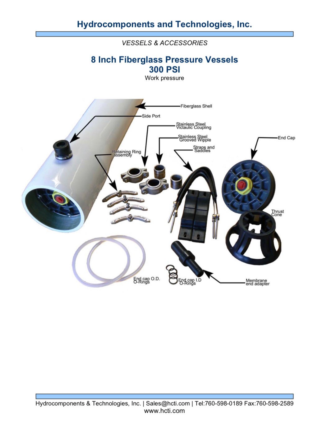 PV - 8040SE - FRP - 300 8 in. 300 PSI FRP Fiberglass Pressure Vessel Membrane Housings - Hydrocomponents & Technologies Inc.