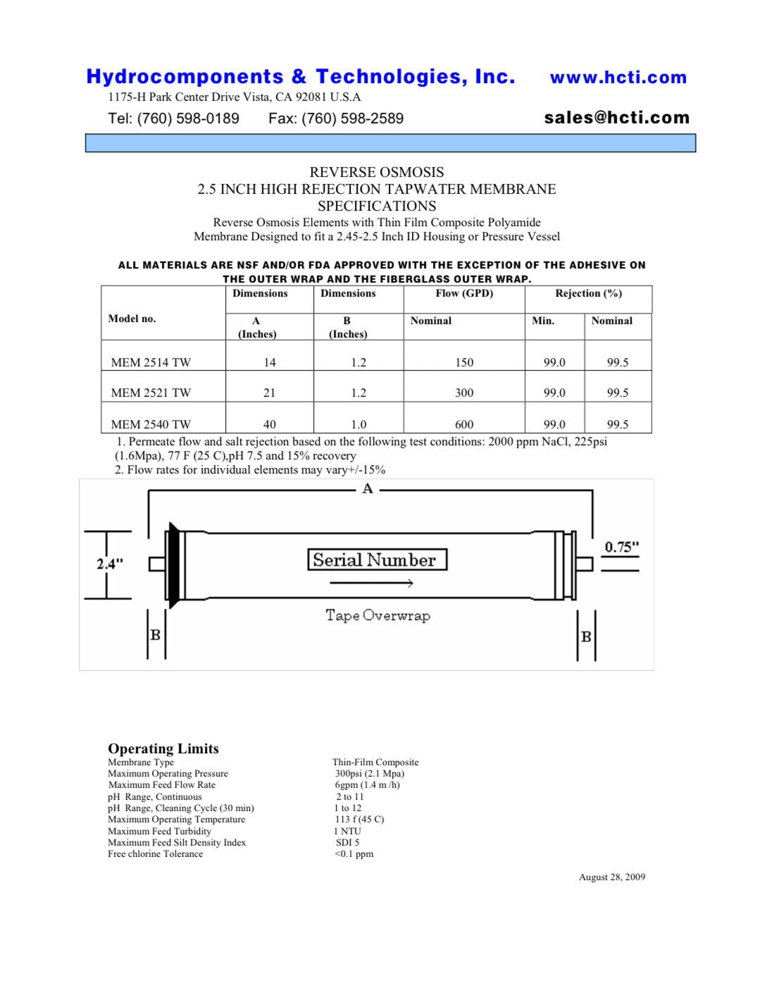 150 GPD at 205 PSI 2.5 x 14 inch Tap Water HCTI Membranes ( MEM - 2514TW ) - Hydrocomponents & Technologies Inc.