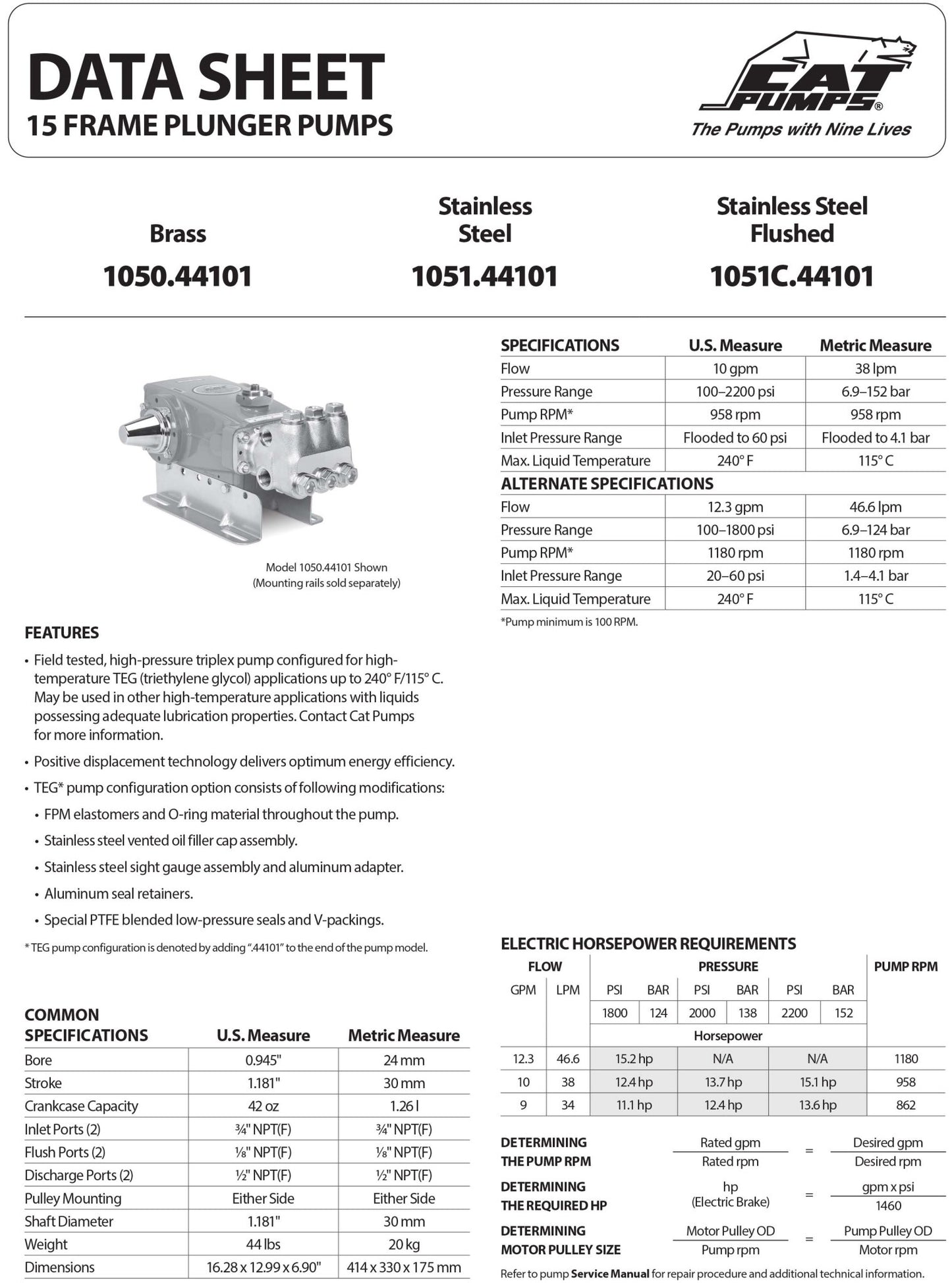 1051.44101 15PFR1 PUMP SS R B 10/2200,12.3/1800 CAT Pumps - Hydrocomponents & Technologies Inc.