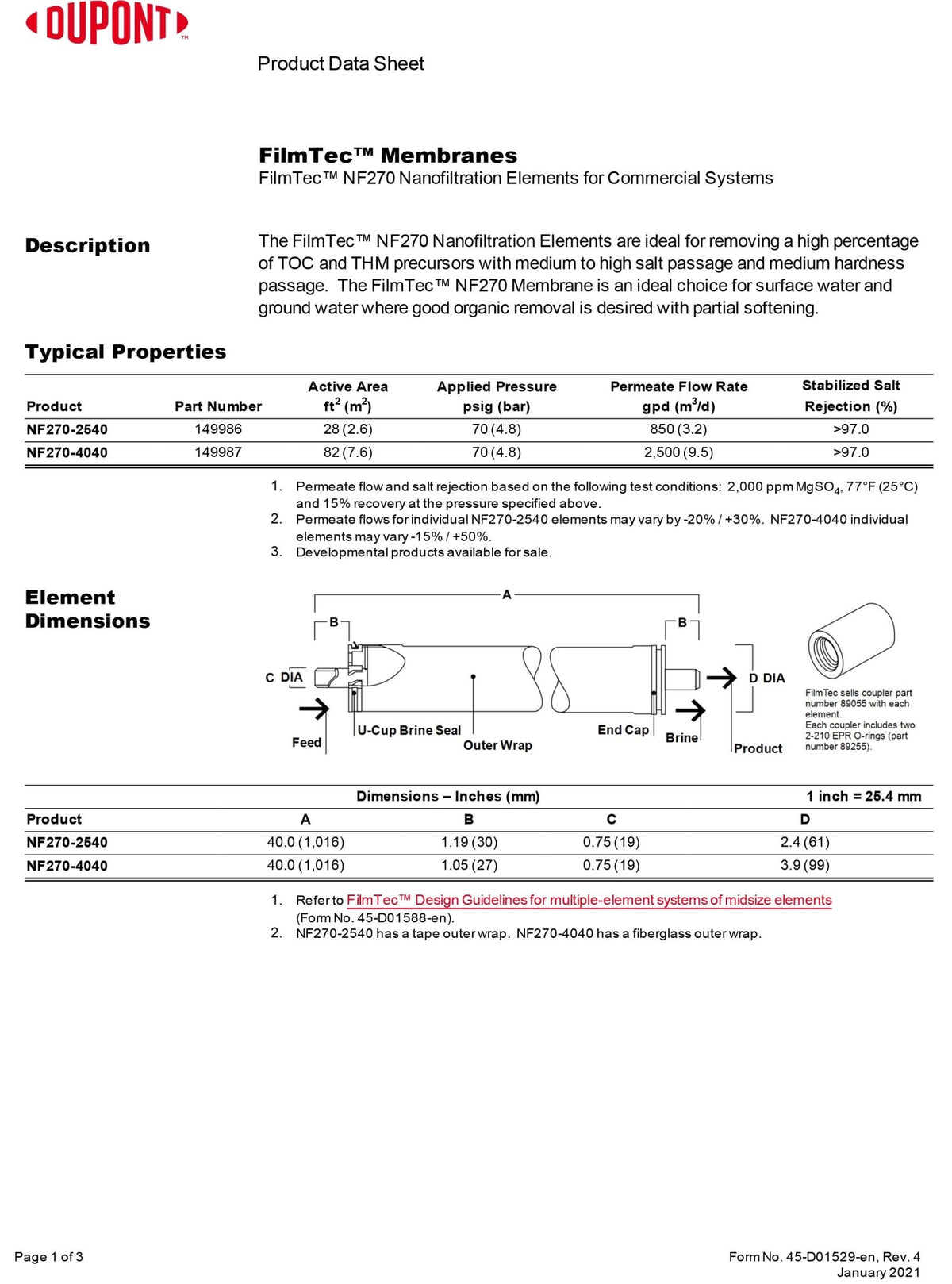 NF270 - 2540 FilmTec™ DOW / DuPont 70 PSI 600 GPD 2.5 x 40 inch Membranes - Hydrocomponents & Technologies Inc.