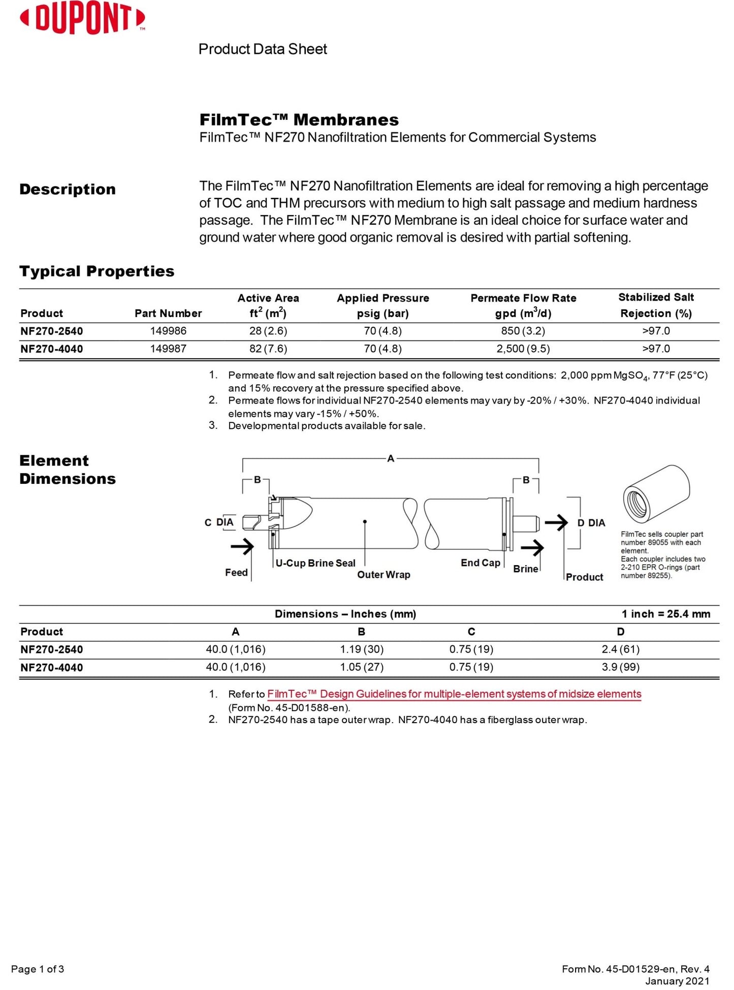 NF270 - 2540 FilmTec™ DOW / DuPont 70 PSI 600 GPD 2.5 x 40 inch Membranes - Hydrocomponents & Technologies Inc.