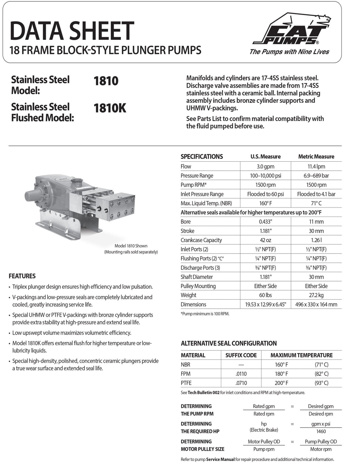 1810 CAT Pump 10,000 PSI Pressure Washer Pump , Triplex Positive Displacement Plunger , 3 GPM , Water Blasting , Hydro - Demolition , Concrete Surface Preparation, Industrial Paint Stripping, Heat Exchanger Tube Cleaning, Block - Style Stainless Steel Plunger - Hydrocomponents & Technologies Inc.