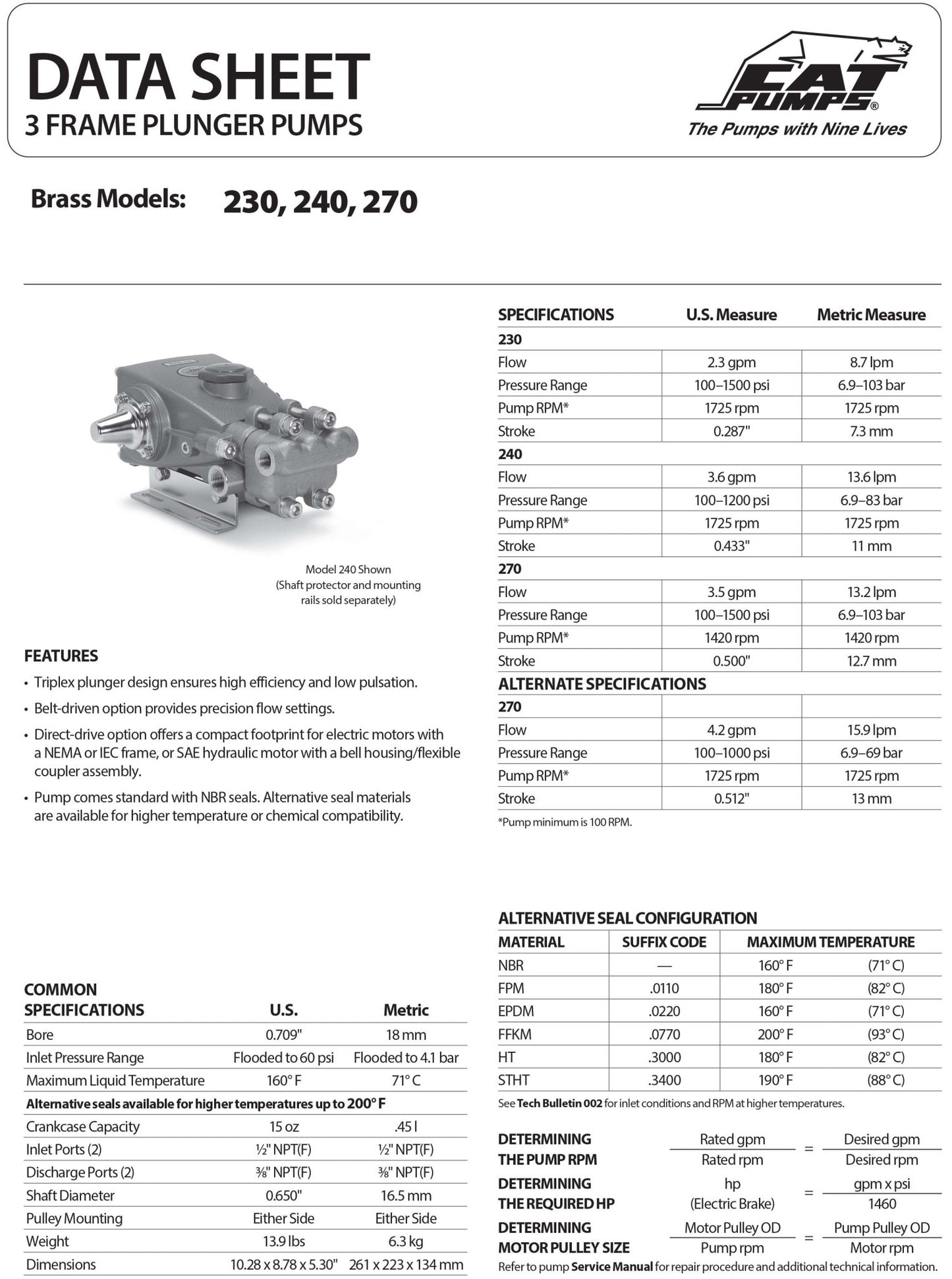 230 Cat Pump 2.3 gpm / 8.7 lpm 1500 PSI 1/2" NPT(F) Inlet Port Size 3/8" NPT(F) Discharge Port Size 1725 RPM Belt, Clutch, Flexible Coupling and Bellhousing Drive Type(s) Brass - Hydrocomponents & Technologies Inc.