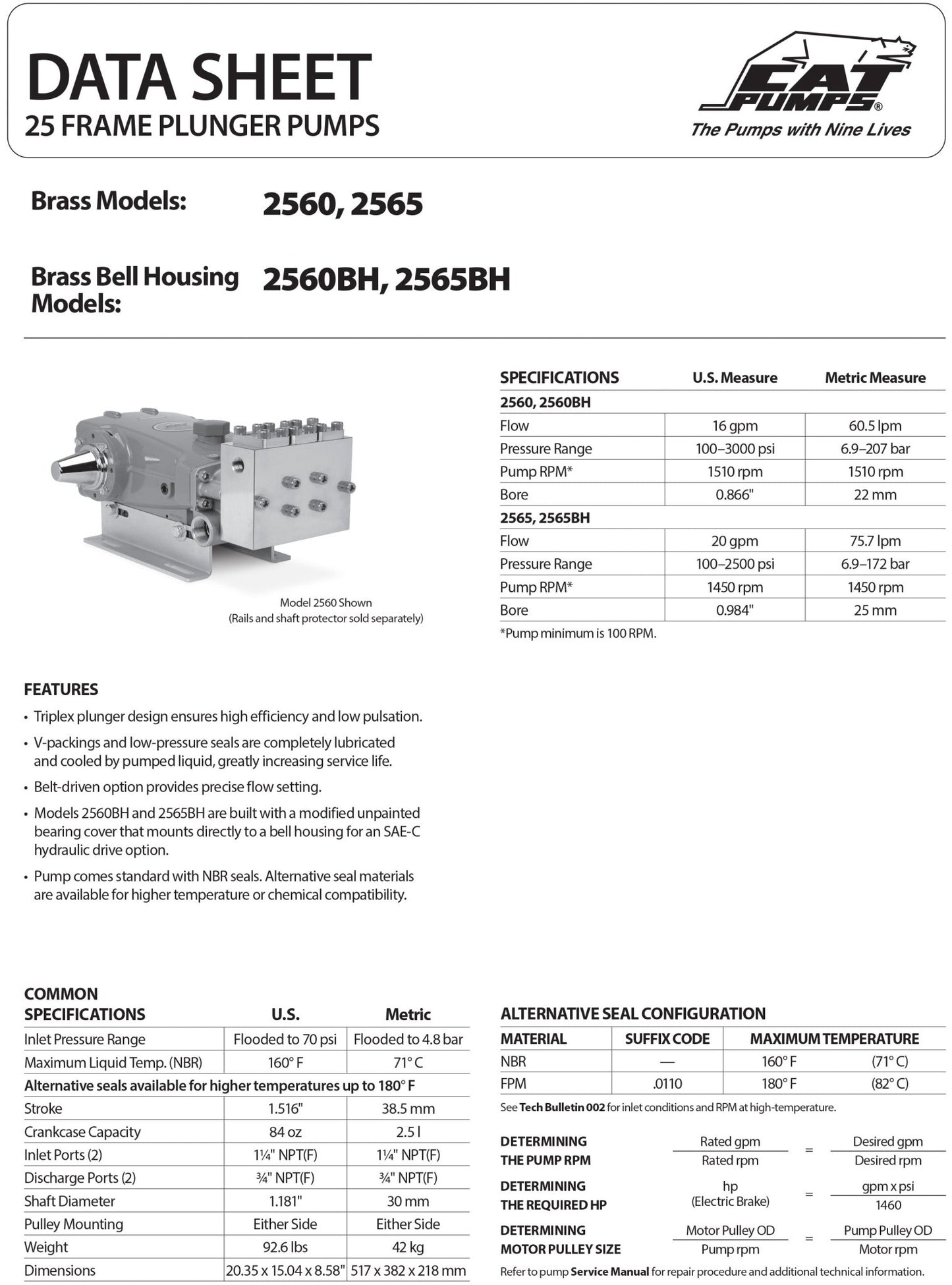 2560 CAT Triplex Positive Displacement Plunger Pump 3000 PSI , 16 GPM , 25 - Frame , Flange - Mount , Reciprocating , Block - Style Brass , Standard NBR (Buna - N) Seals &amp; O - rings&nbsp;&nbsp; - Hydrocomponents & Technologies Inc.