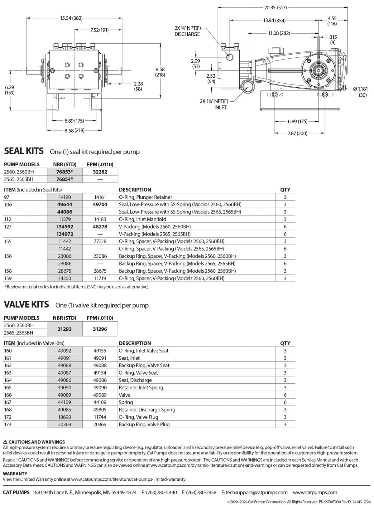 2560 CAT Triplex Positive Displacement Plunger Pump 3000 PSI , 16 GPM , 25 - Frame , Flange - Mount , Reciprocating , Block - Style Brass , Standard NBR (Buna - N) Seals &amp; O - rings&nbsp;&nbsp; - Hydrocomponents & Technologies Inc.