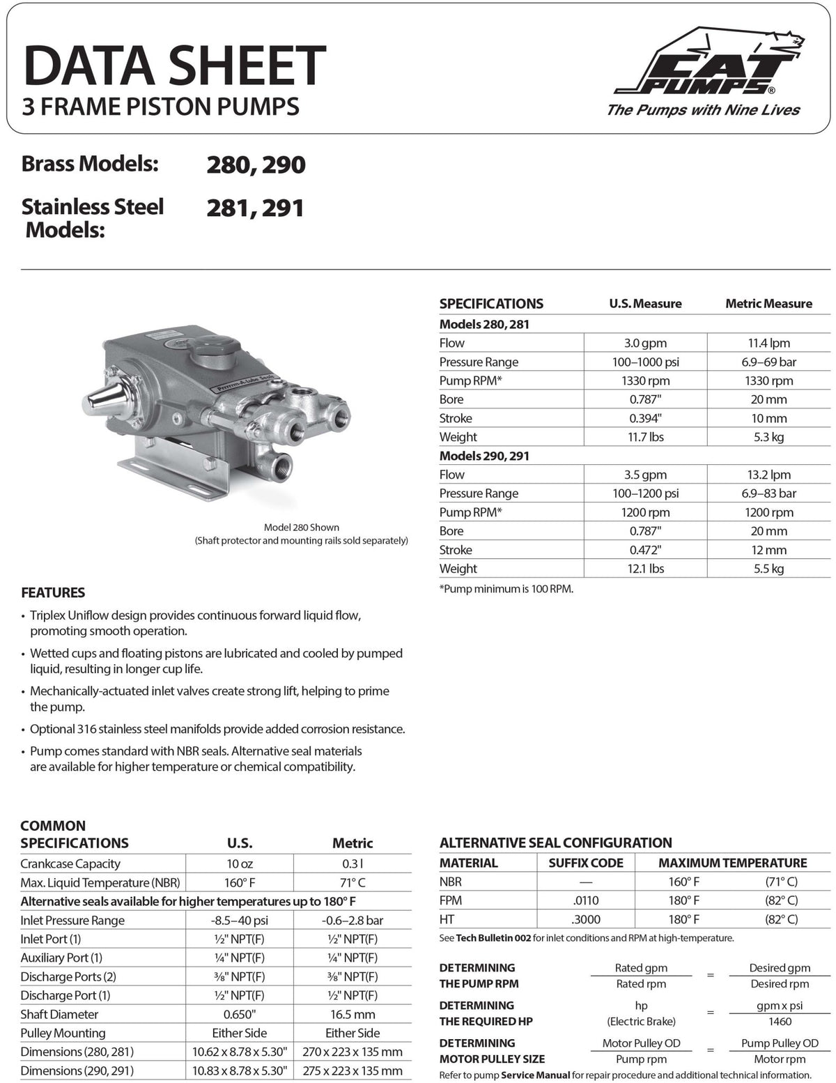 291.0110 CAT Pumps 3FR1 (3 - Frame Piston Pump) , 316 Stainless Steel Block - style manifold , 3.5 GPM , 1200 PSI , FPM (Viton) Seals - Hydrocomponents & Technologies Inc.