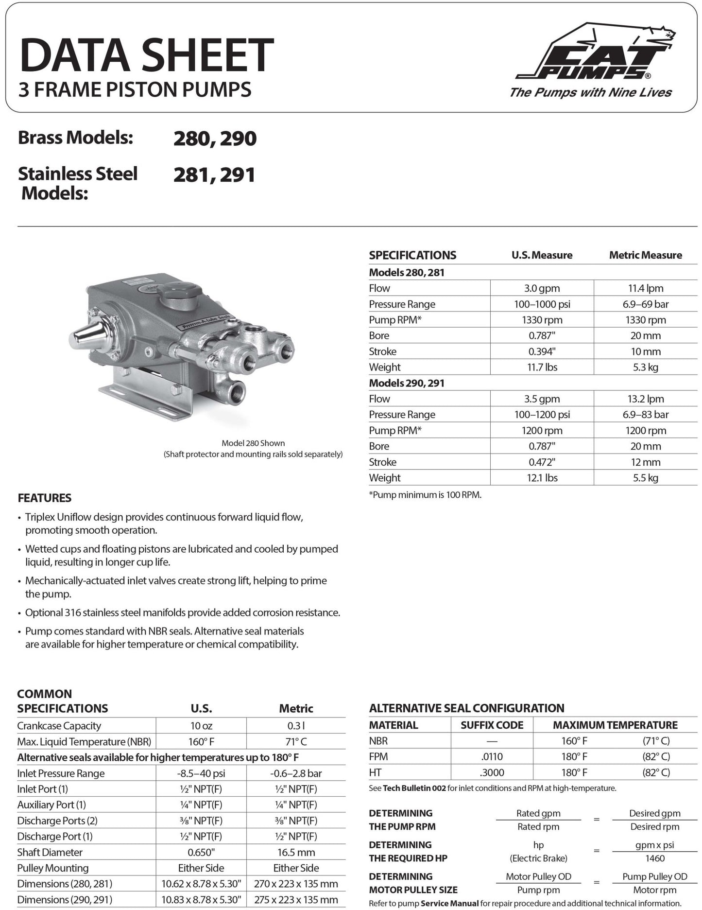 291.0110 CAT Pumps 3FR1 (3 - Frame Piston Pump) , 316 Stainless Steel Block - style manifold , 3.5 GPM , 1200 PSI , FPM (Viton) Seals - Hydrocomponents & Technologies Inc.