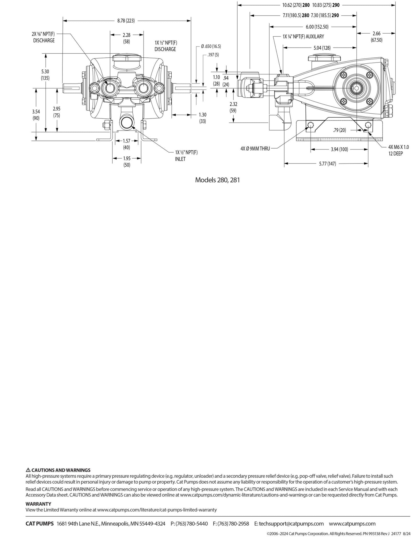 291.0110 CAT Pumps 3FR1 (3 - Frame Piston Pump) , 316 Stainless Steel Block - style manifold , 3.5 GPM , 1200 PSI , FPM (Viton) Seals - Hydrocomponents & Technologies Inc.