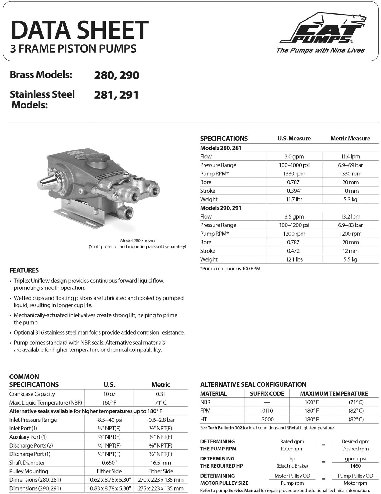 290 CAT Pressure Washer Triplex Positive Displacement Pump 3.5 GPM 1200 PSI , 3 Frame , Brass Block Chrome Plated , Standard Buna - N seals and O - rings - Hydrocomponents & Technologies Inc.
