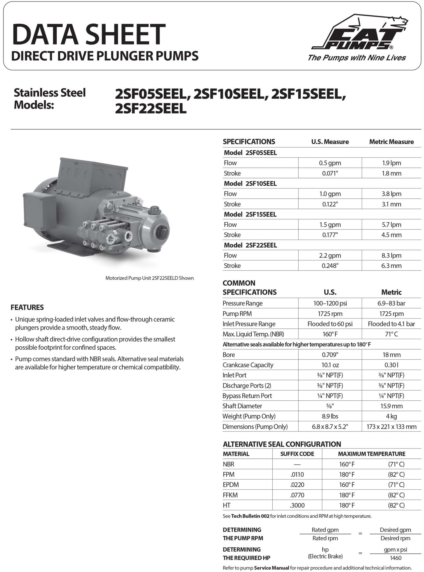 2SF22SEEL CAT Triplex Positive Displacement Plunger Pump 2.2 GPM / 8.3 LPM 1200 PSI 3/8" NPT(F) Inlet / Discharge Port Size 1725 RPM Direct Drive 316 Stainless Steel - Hydrocomponents & Technologies Inc.