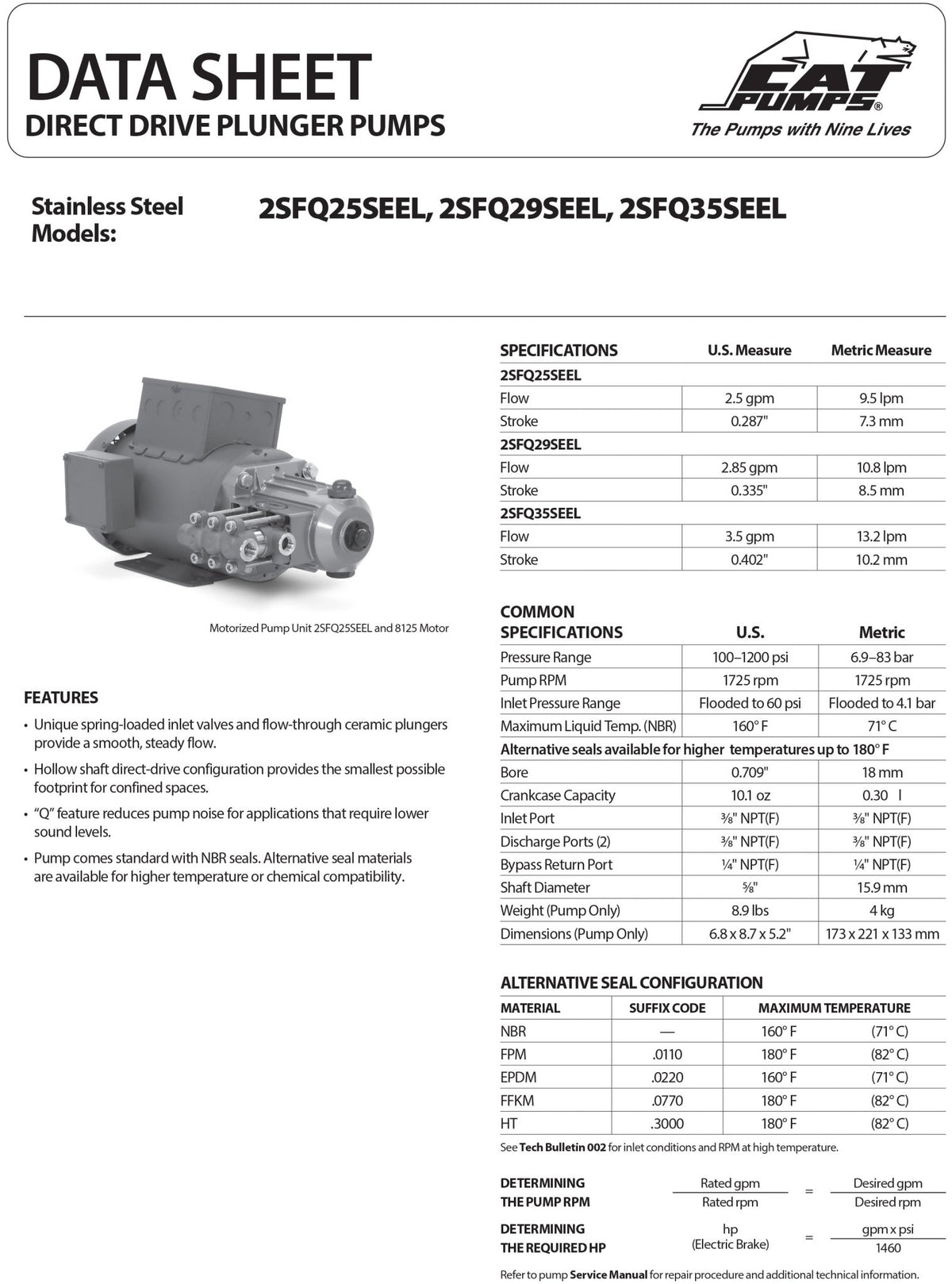 2SFQ29SEEL Cat Pump 2.85 GPM / 10.8 LPM 1200 PSI 3/8" NPT(F) Inlet / Discharge Port Size 1725 RPM Direct Drive 316 Stainless Steel - Hydrocomponents & Technologies Inc.