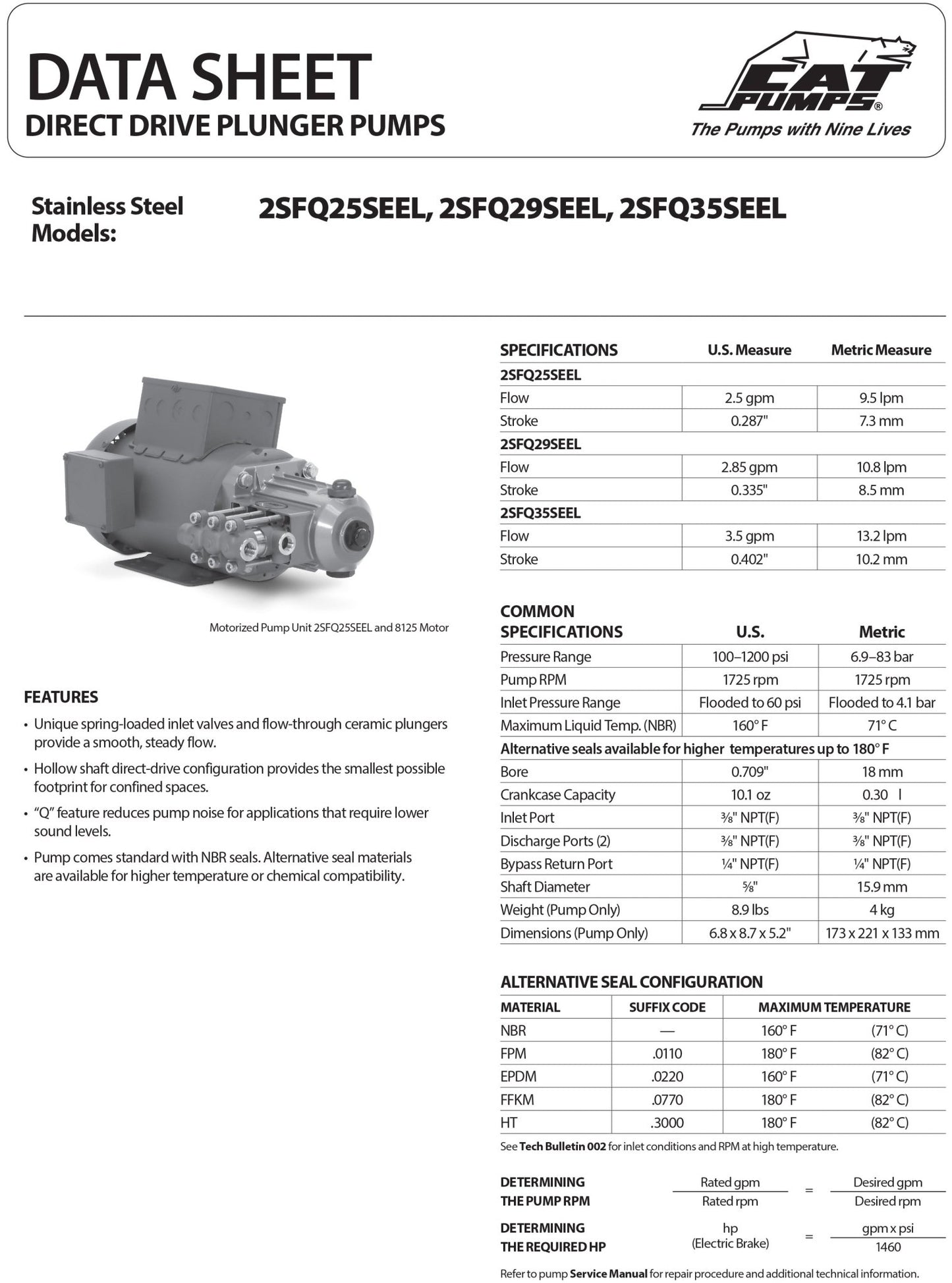 2SFQ29SEEL Cat Pump 2.85 GPM / 10.8 LPM 1200 PSI 3/8" NPT(F) Inlet / Discharge Port Size 1725 RPM Direct Drive 316 Stainless Steel - Hydrocomponents & Technologies Inc.