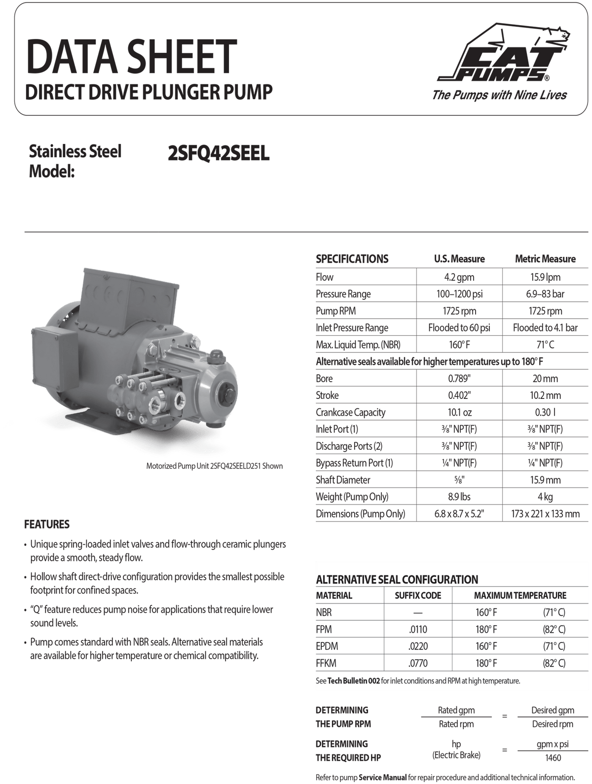 2SFQ42SEEL Cat Pump 316 SS 4.2 GPM / 15.9 LPM 1200 PSI Watermaker SW RO Desalination - Hydrocomponents & Technologies Inc.