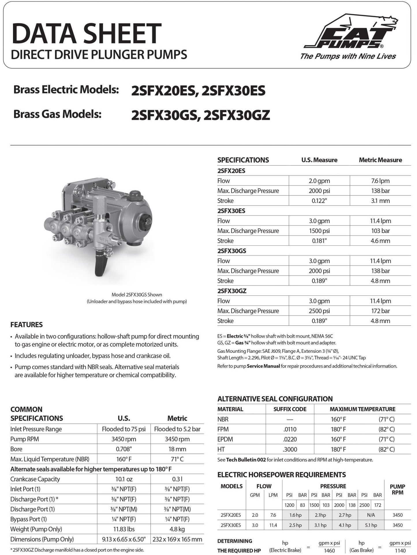 2SFX30GZI CAT Pressure Washer Triplex Positive Displacement Plunger Pump 3.0GPM 2500PSI , 3/4 - inch Drive Shaft , Standard Gas Engine Flange (SAE J609A) , Ball Bearing , Revision B - Hydrocomponents & Technologies Inc.