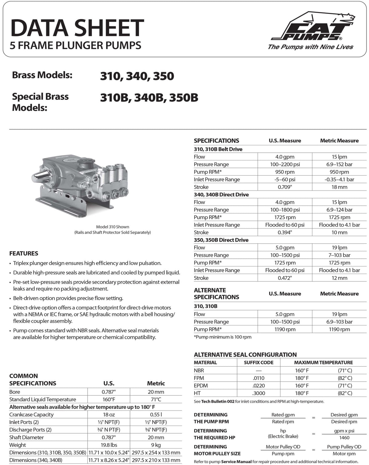 340 CAT Pump 4 GPM / 15.1 LPM , 1800 PSI , 1/2" NPT(F) Inlet Port Size , 3/8" NPT(F) Discharge Port Size , 1725 RPM Belt, Clutch, Flexible Coupling and Bellhousing Drive Type(s) , Brass&nbsp;5 Frame Plunger Pump - Hydrocomponents & Technologies Inc.