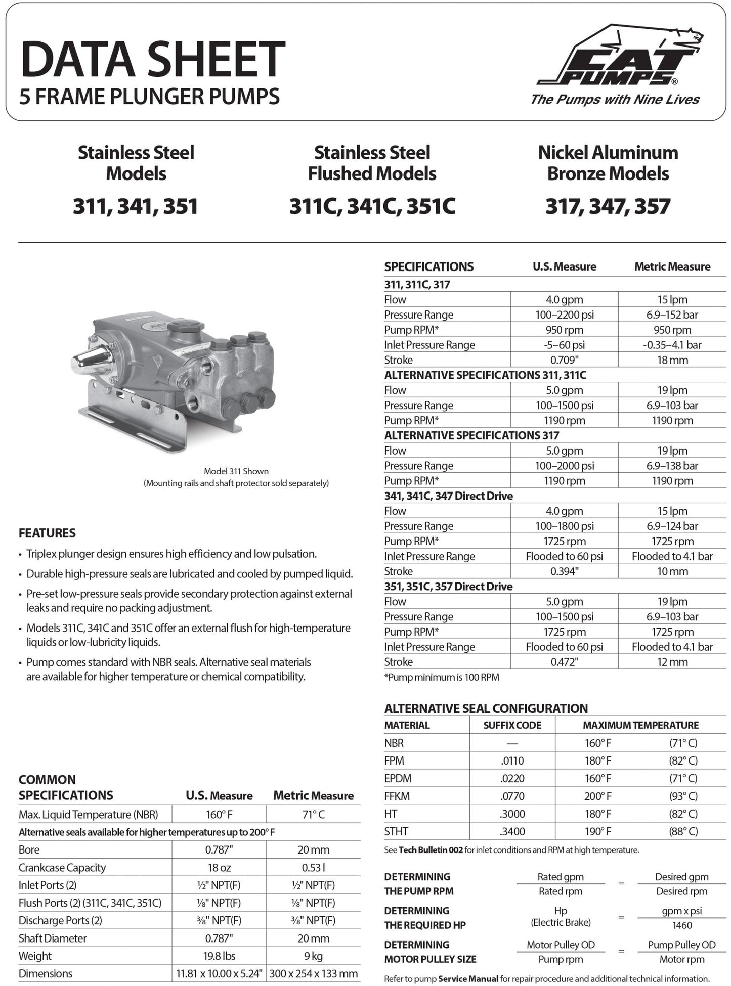 341 Cat Pump 4 GPM / 15.1 LPM 1800 PSI 1/2" NPT(F) Inlet Port Size 3/8" NPT(F) Discharge Port Size 1725 RPM Belt, Clutch, Flexible Coupling and Bellhousing Drive Type(s) 316 Stainless Steel - Hydrocomponents & Technologies Inc.