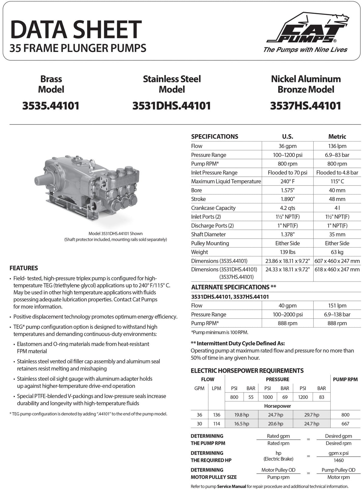 3537HS.44101 CAT Triplex Positive Displacement Plunger Pump 36 GPM 1200 PSI , 35 Frame , Nickel Aluminum Bronze , High Strength factory - modified for Triethylene Glycol (TEG) dehydration , Right - Hand Shaft , Block - Style - Hydrocomponents & Technologies Inc.