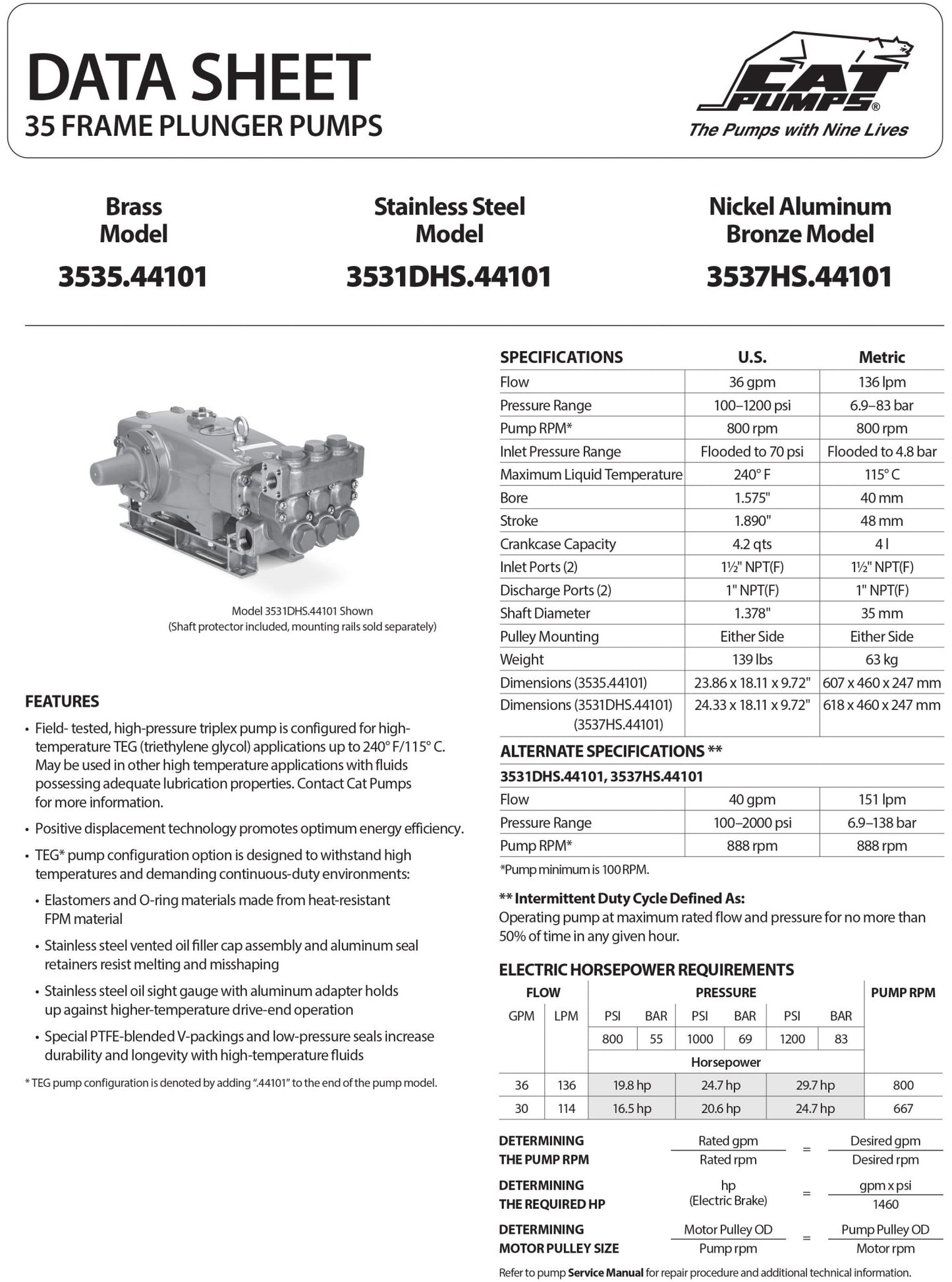 3537HS.44101 CAT Triplex Positive Displacement Plunger Pump 36 GPM 1200 PSI , 35 Frame , Nickel Aluminum Bronze , High Strength factory - modified for Triethylene Glycol (TEG) dehydration , Right - Hand Shaft , Block - Style - Hydrocomponents & Technologies Inc.