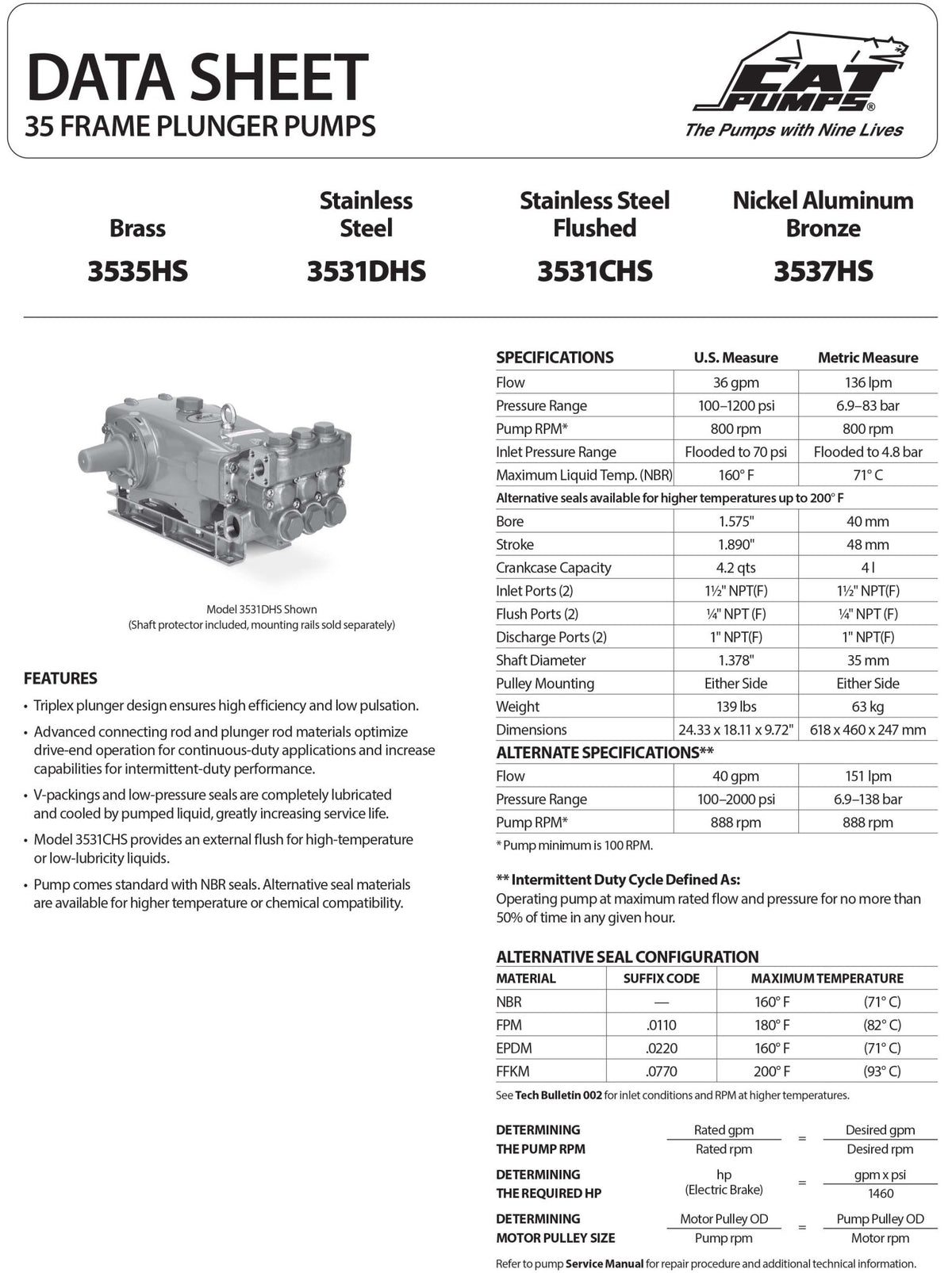 3531CHS CAT Pump 36 gpm / 136 lpm 1200 PSI 800 RPM Belt, Flexible Coupling and Bellhousing Drive(s) 316 Stainless Steel 1 1/2" NPT(F) Inlet Port Size 1" Discharge Port Size - Hydrocomponents & Technologies Inc.