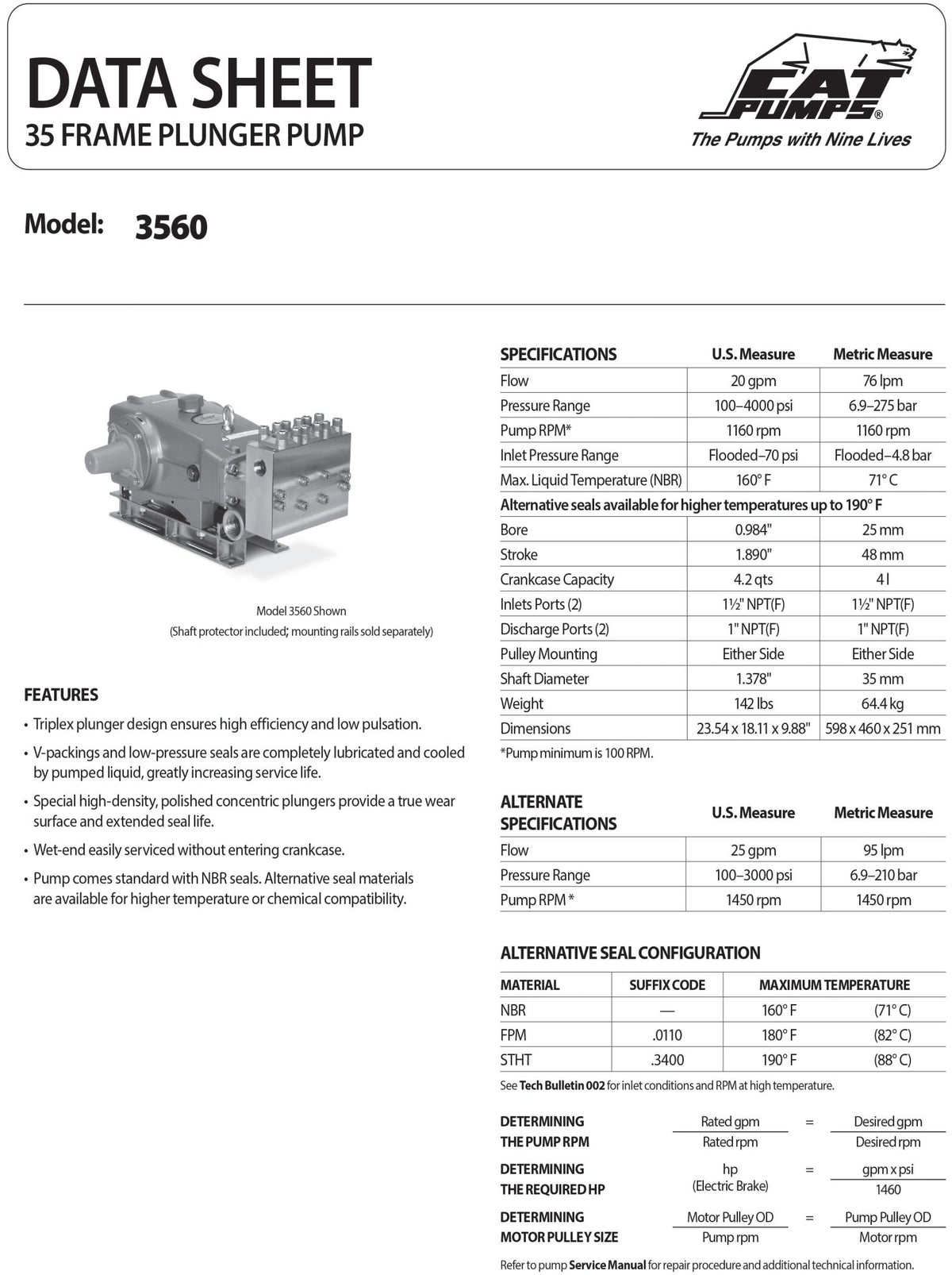 3560 CAT Triplex Positive Displacement Plunger Pump , 35 - Frame Series , Flange - Mount Ready , Reciprocating , SBG , Double Shaft , Block - Style Brass , Stainless Steel , Standard NBR (Buna - N) Seals , 20/4000, 25/3000 - Hydrocomponents & Technologies Inc.