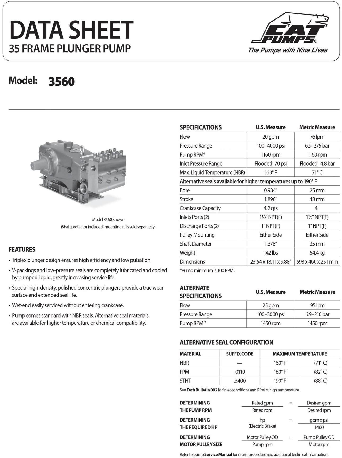 3560 CAT Triplex Positive Displacement Plunger Pump , 35 - Frame Series , Flange - Mount Ready , Reciprocating , SBG , Double Shaft , Block - Style Brass , Stainless Steel , Standard NBR (Buna - N) Seals , 20/4000, 25/3000 - Hydrocomponents & Technologies Inc.