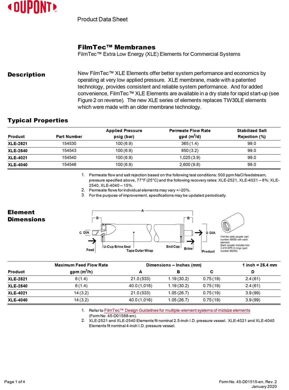 XLE PRO - 4040 FilmTec™ DuPont / DOW 2,750 GPD at 125 PSI 4 x 40 inch Membranes - Hydrocomponents & Technologies Inc.