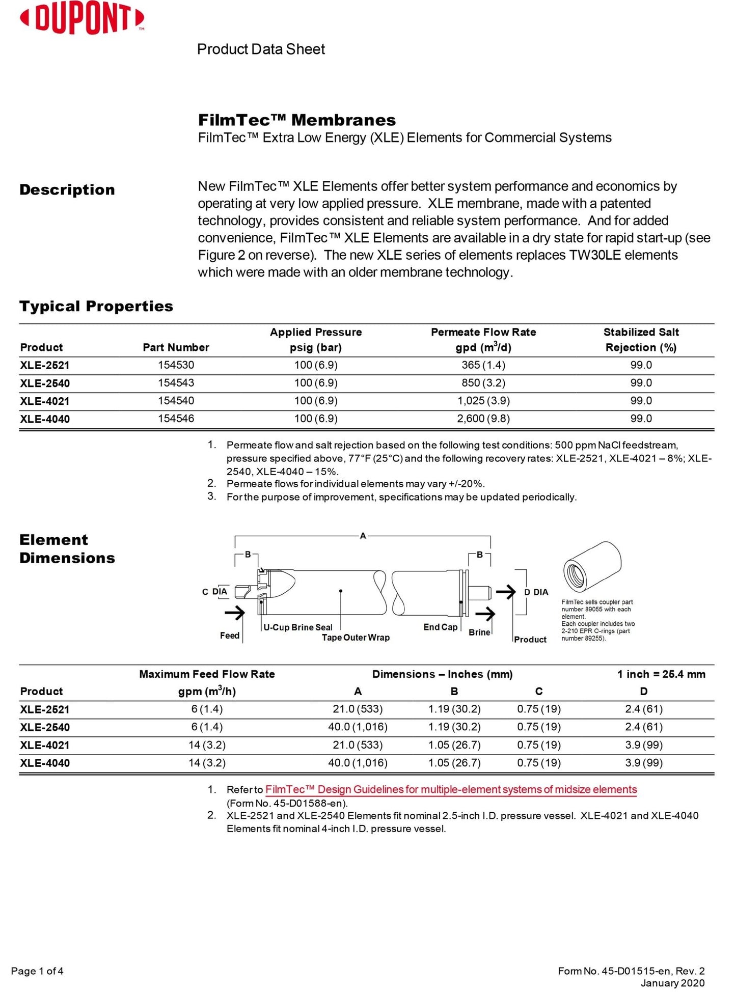 XLE PRO - 4040 FilmTec™ DuPont / DOW 2,750 GPD at 125 PSI 4 x 40 inch Membranes - Hydrocomponents & Technologies Inc.