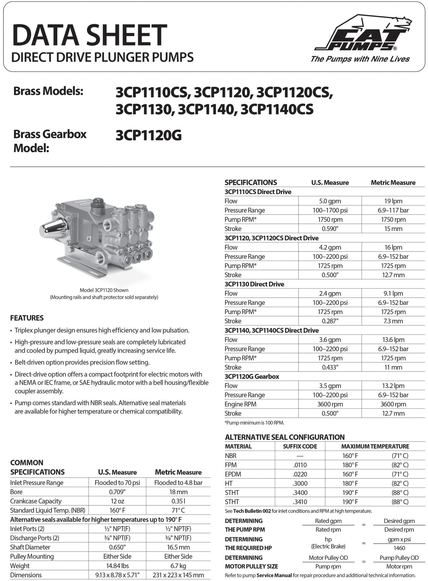 3CP1140.44101 Cat Triplex Positive Displacement Plunger Pump 3.6 GPM 2200 PSI , Direct Shaft , Direct Drive , Flange Bypass Barbed , Right - Hand Shaft Orientation , Brass - Hydrocomponents & Technologies Inc.