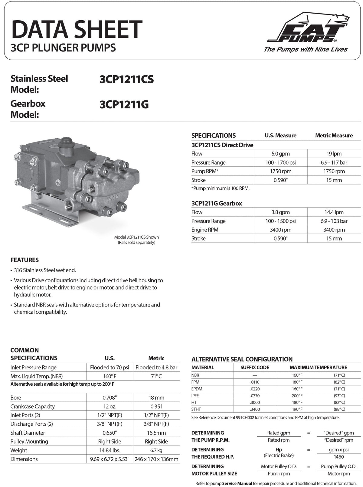 10 GPM 6000 PSI Pressure Washer Pump Triplex Positive Displacement Plunger , 35 - Frame , Flange - Mount , Reciprocating , Block - Style Brass, Chrome - Plated , NBR (Buna - N) Seals , CAT 3550 - Hydrocomponents & Technologies Inc.
