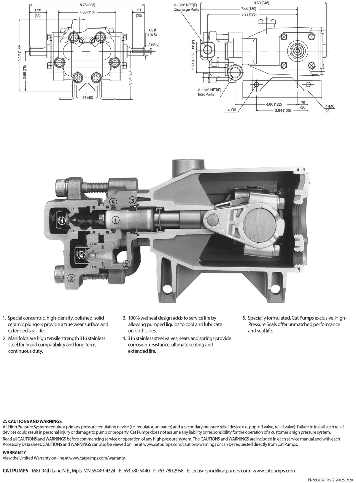 3CP1221 Cat Pump 4.2 GPM 2000 PSI 1725 RPM 316 Stainless Steel - Hydrocomponents & Technologies Inc.