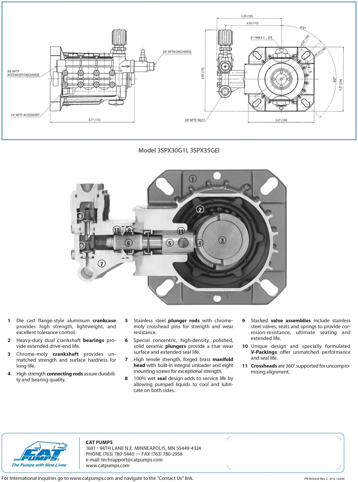 3SPX30G1I Cat Pressure Washer Triplex Positive Displacement Plunger Pump 3 GPM 3000 PSI , Fits a Standard 1 - inch Crankshaft , Mounts to a Standard SAE J609 Gas Engine Flange , Brass Block . - Hydrocomponents & Technologies Inc.
