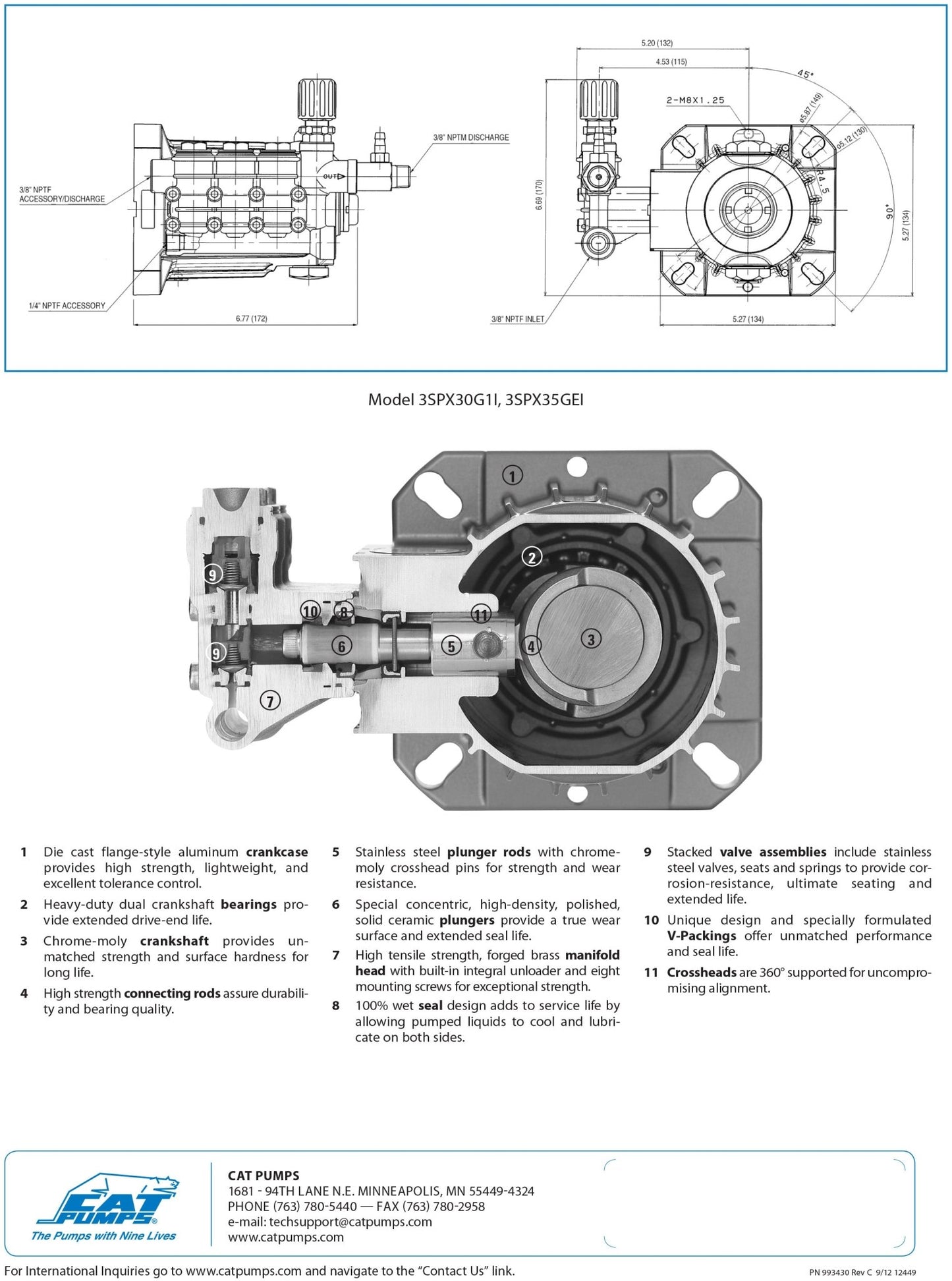 3SPX30G1I Cat Pressure Washer Triplex Positive Displacement Plunger Pump 3 GPM 3000 PSI , Fits a Standard 1 - inch Crankshaft , Mounts to a Standard SAE J609 Gas Engine Flange , Brass Block . - Hydrocomponents & Technologies Inc.