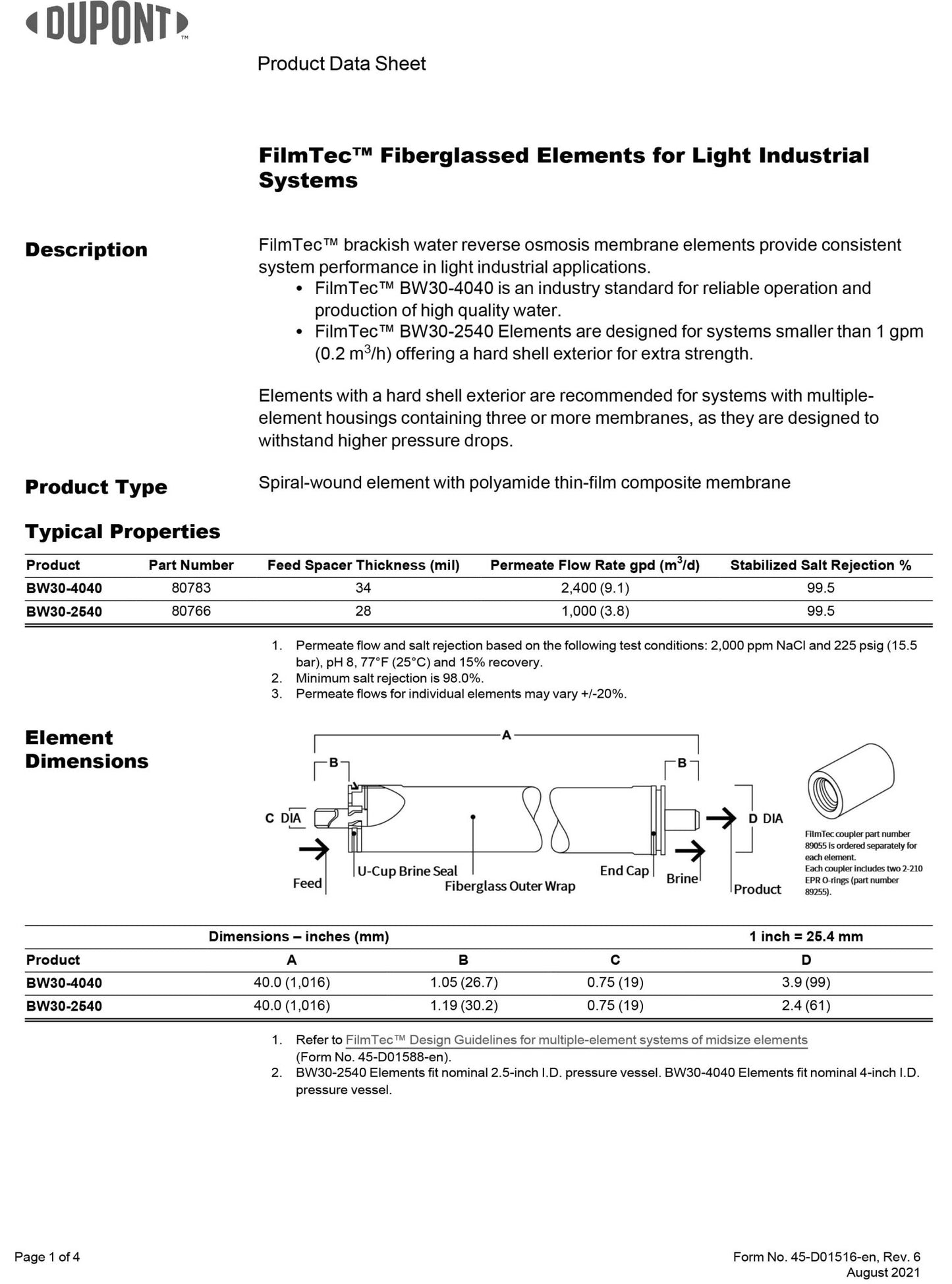 BW60 - 1812 - 75 FilmTec DuPont / DOW Membranes 75 GPD - Hydrocomponents & Technologies Inc.