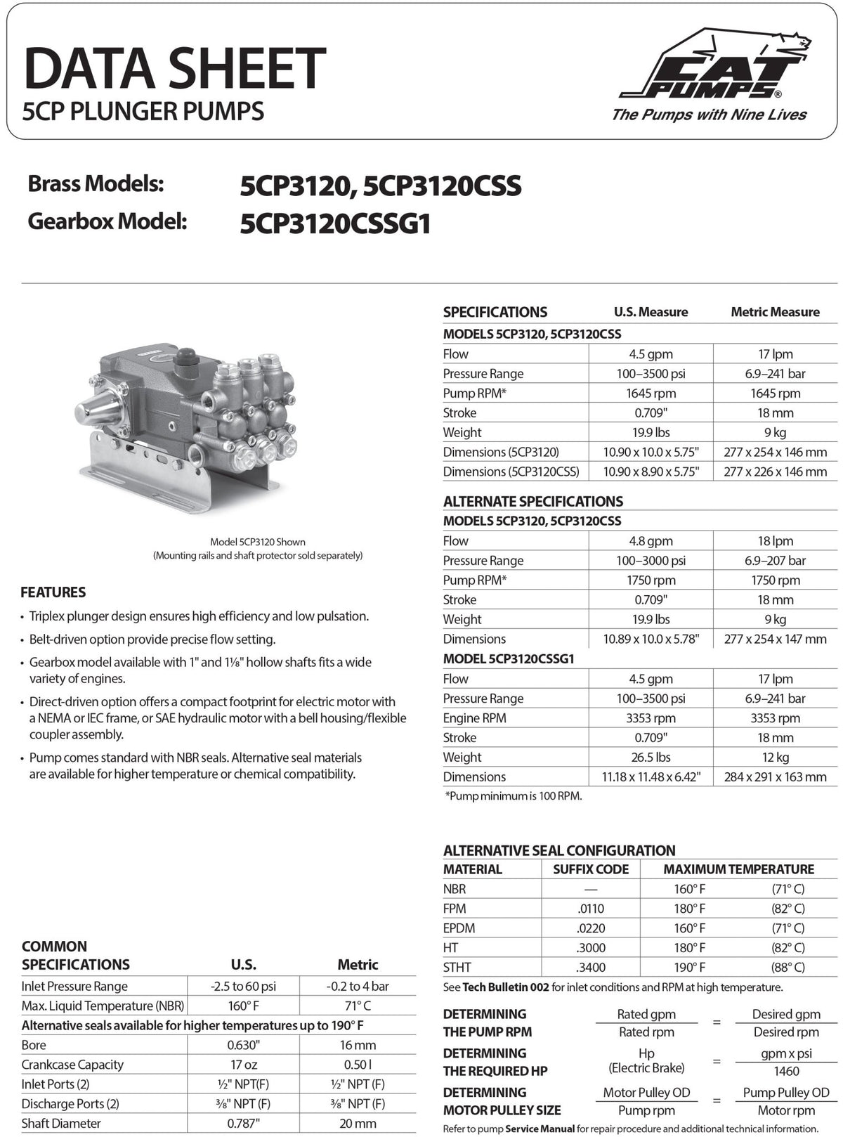 5CP3120CSSG1 CAT Pressure Washer Triplex Positive Displacement Plunger Pump 4.5 GPM 3500 PSI , 316 Grade Stainless Steel Manifold , Gearbox Mounts to a 1" Gas Engine Shaft , Forged Brass Block , Standard Buna - N seals (O - Rings) - Hydrocomponents & Technologies Inc.