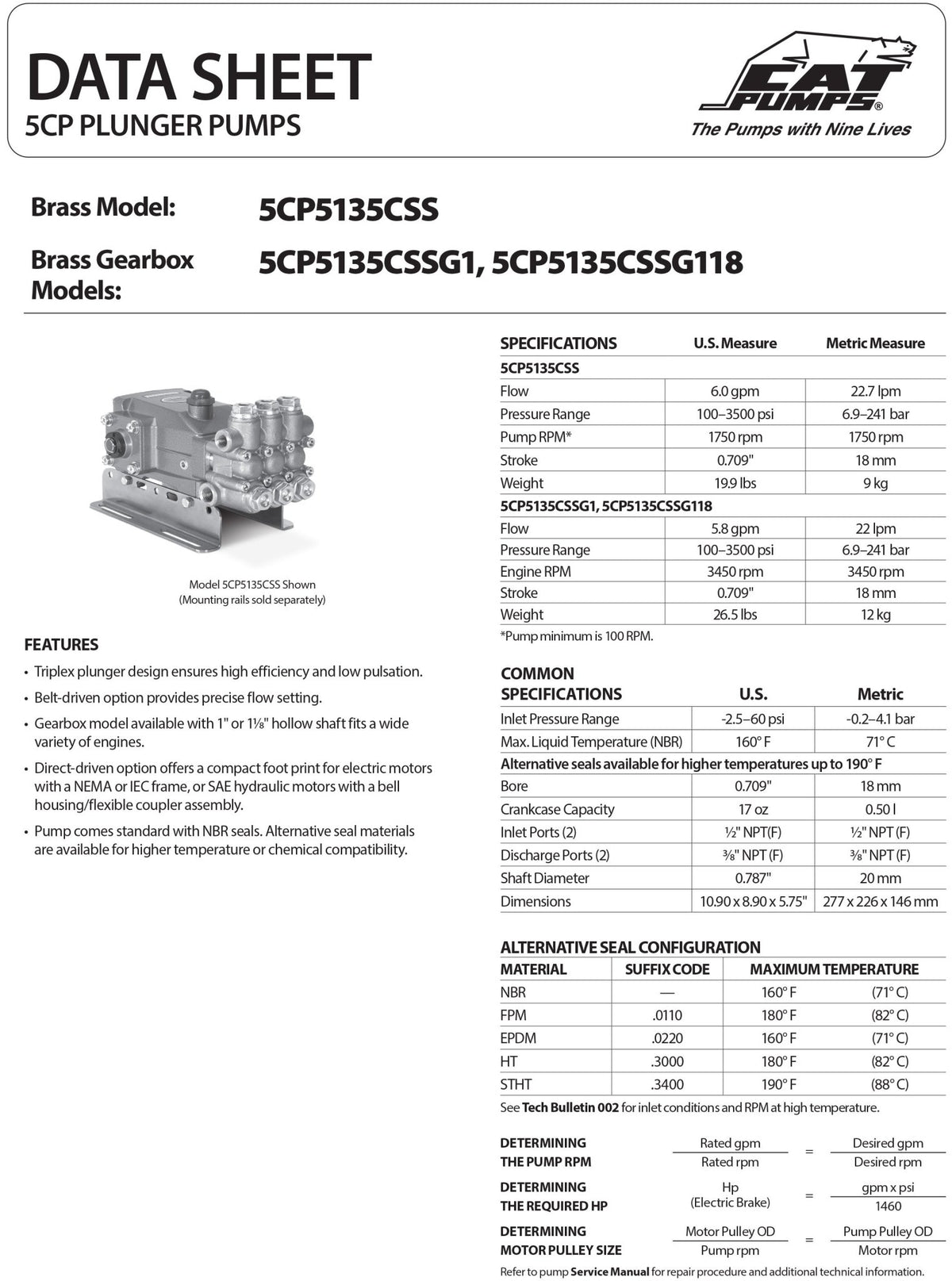 5CP5135CSSG1 Pressure Washer Triplex Positive Displacement Pump 5.8 GPM 3500 PSI , 316 Stainless Steel Manifold , Gearbox Mounts to a 1" Gas Engine Shaft , Forged Brass Block , Buna - N (Nitrile) Seals - Hydrocomponents & Technologies Inc.