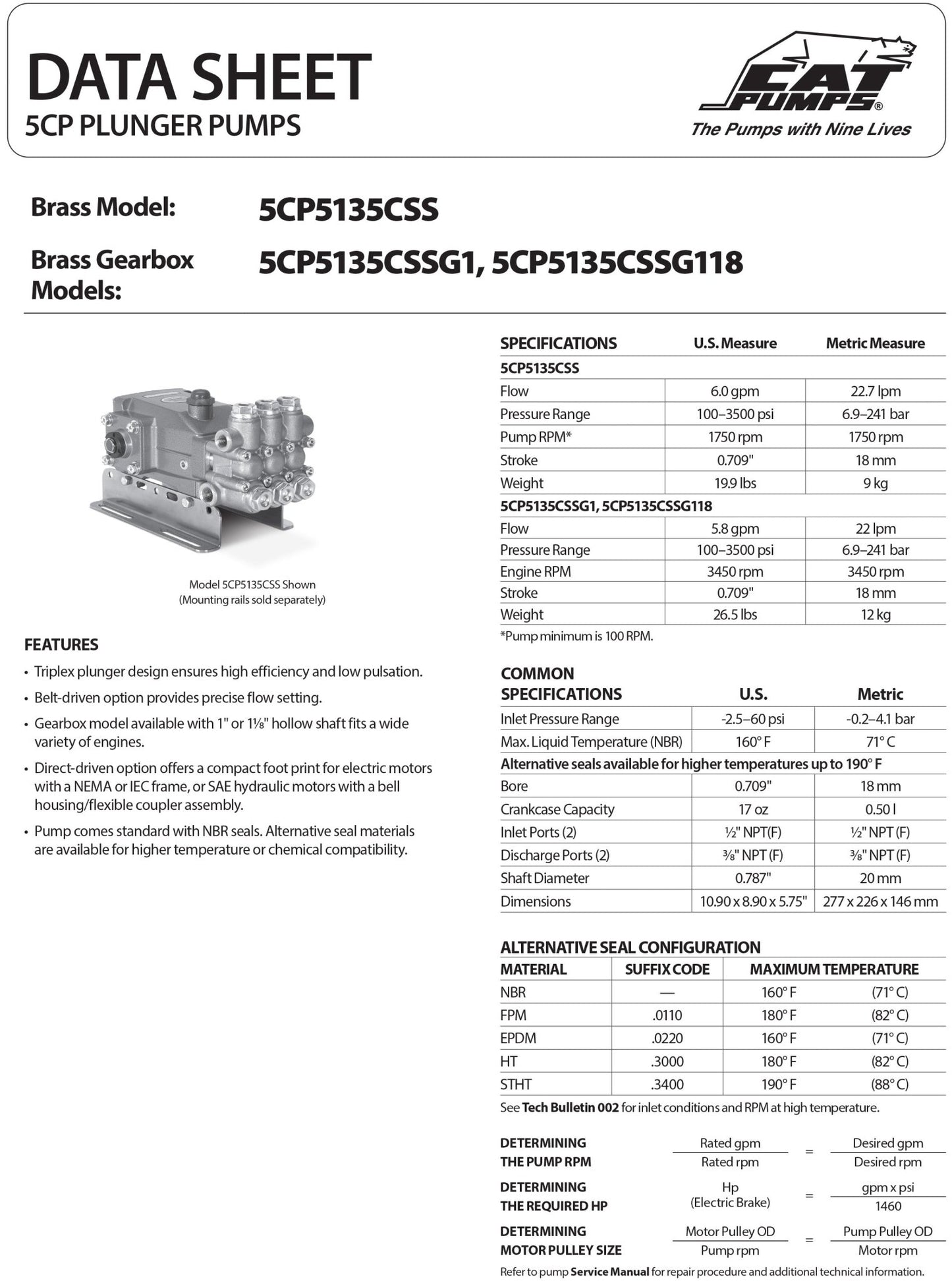 5CP5135CSSG1 Pressure Washer Triplex Positive Displacement Pump 5.8 GPM 3500 PSI , 316 Stainless Steel Manifold , Gearbox Mounts to a 1" Gas Engine Shaft , Forged Brass Block , Buna - N (Nitrile) Seals - Hydrocomponents & Technologies Inc.