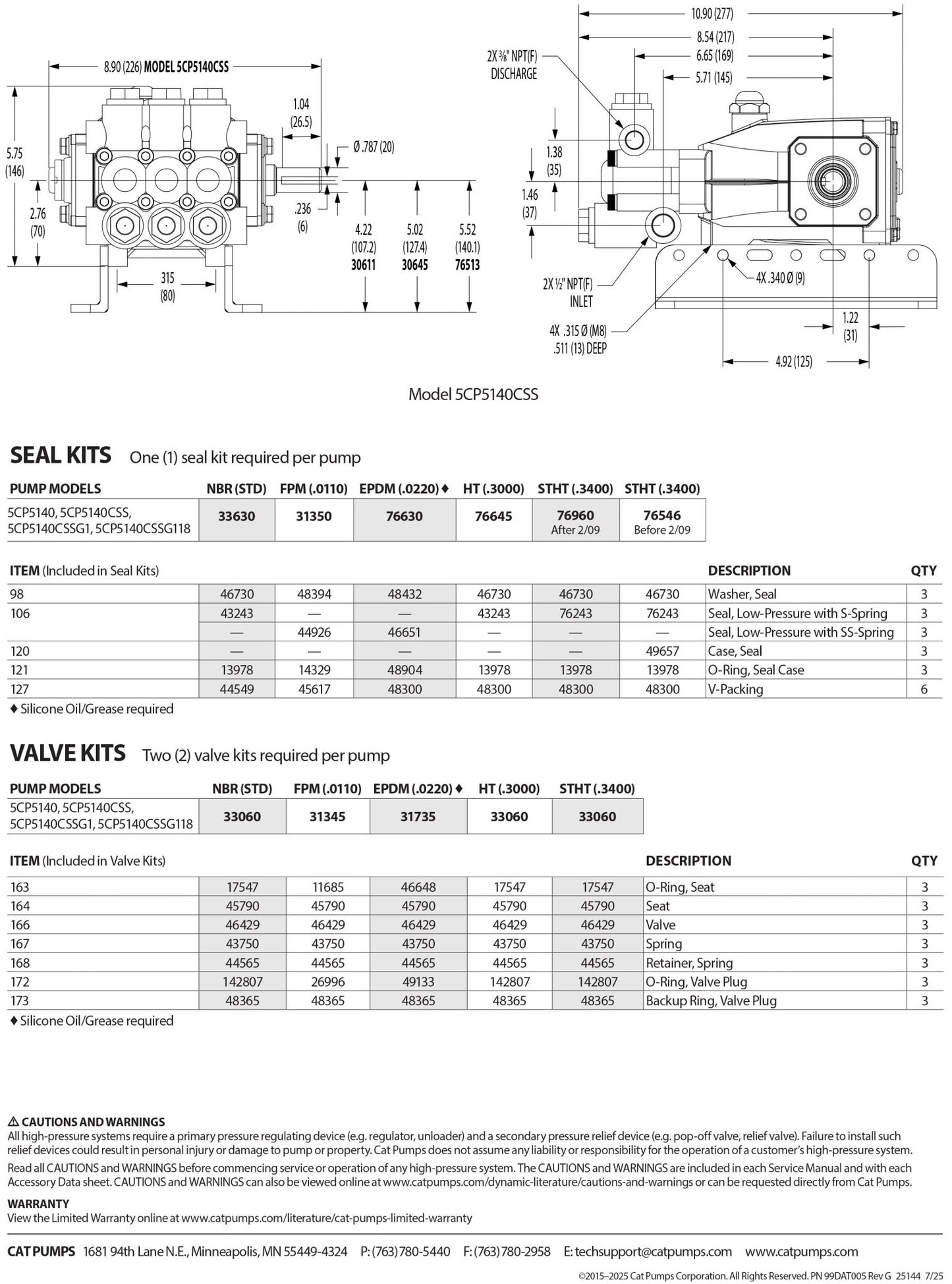 5CP5140CSSG1 Cat Pressure Washer Triplex Positive Displacement Pump 6.2 GPM 3000 PSI , 316 Stainless Steel Manifold , Gearbox Mounts to a 1" Gas Engine Shaft , Forged Brass Block Buna - N (Nitrile) Seals - Hydrocomponents & Technologies Inc.