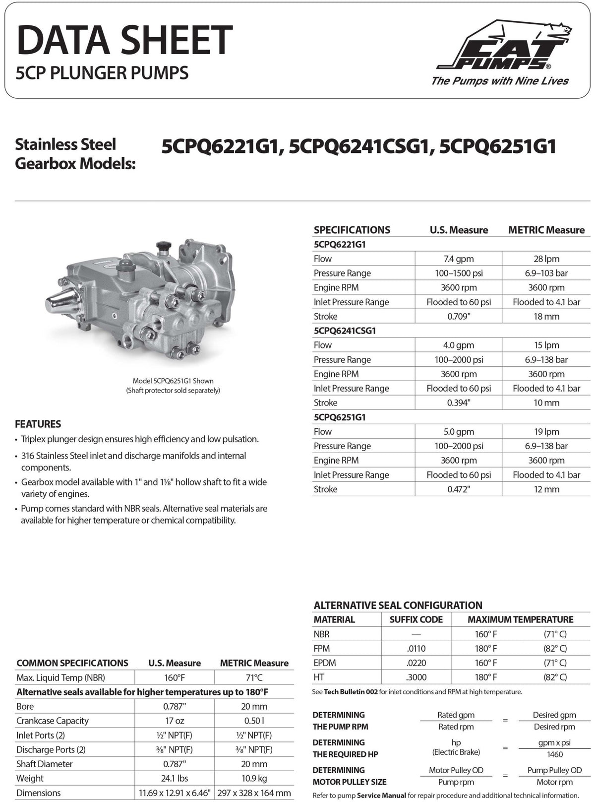 5CPQ6221G1.0220 CAT Pumps Quiet 5 - Frame Plunger Pump Direct Drive integral Gearbox with a 1 - inch input shaft size 316 Stainless Steel Right - Hand shaft rotation Block - style manifold 7.4 GPM 1,500 PSI EPDM Seals - Hydrocomponents & Technologies Inc.